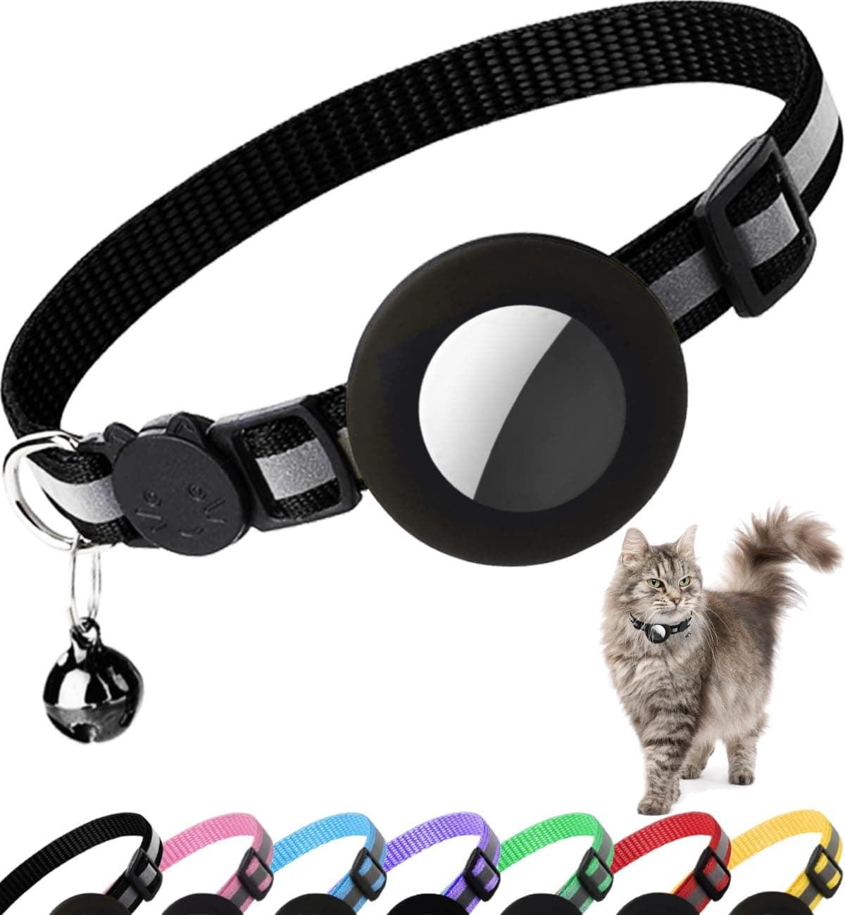 Collier Chat Airtag, Collier pour Chat Anti-étranglement avec Protecteur Airtag et Cloche, pour Toutes Les Tailles de Chats, Large de 1 Centimètres et Léger (Noir)