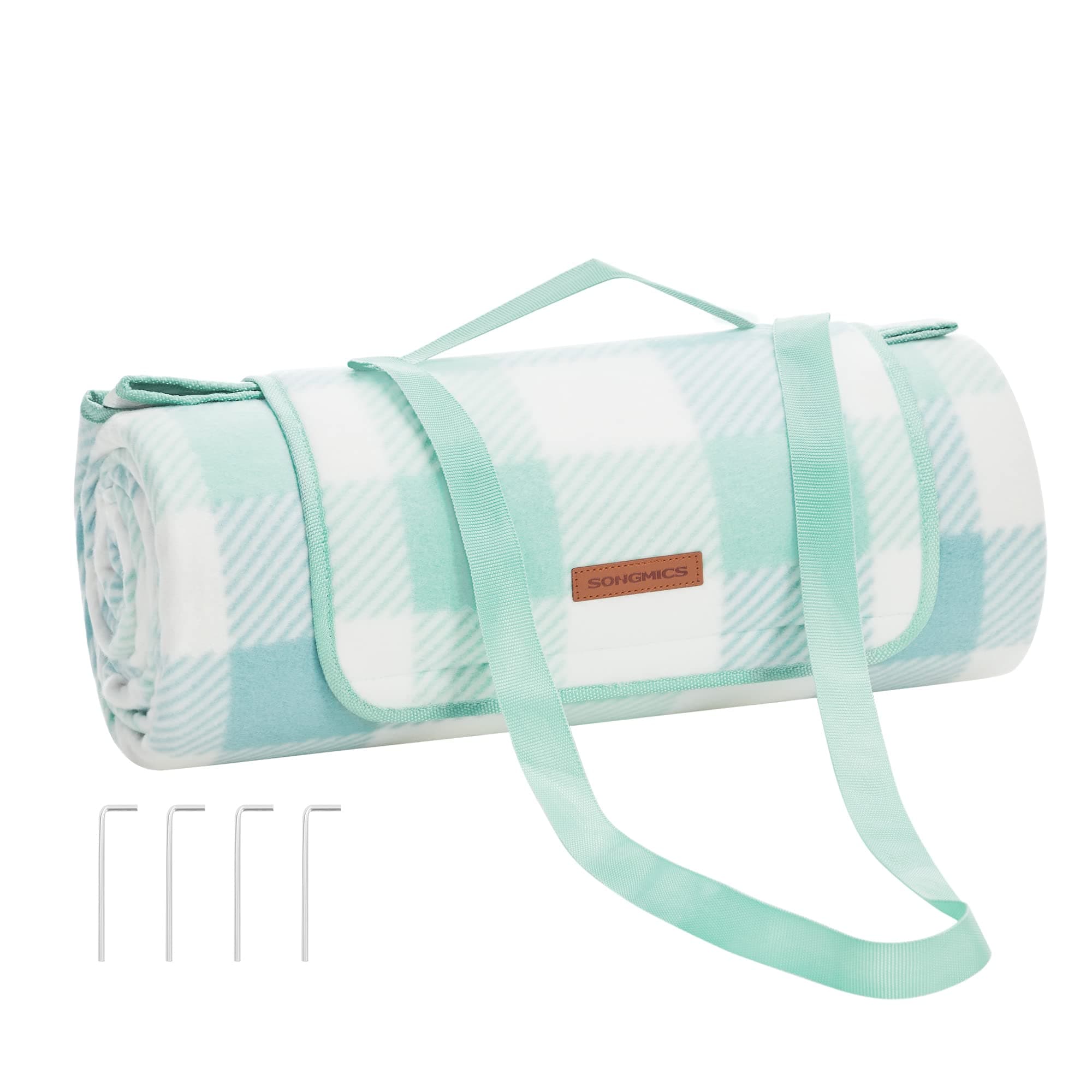 SONGMICS Picknickdecke, 200 x 200 cm, mit 4 Erdankern, groß, Campingdecke, für Park, Garten, Strand, wasserdicht, faltbar, grün-weiß GCM011W02