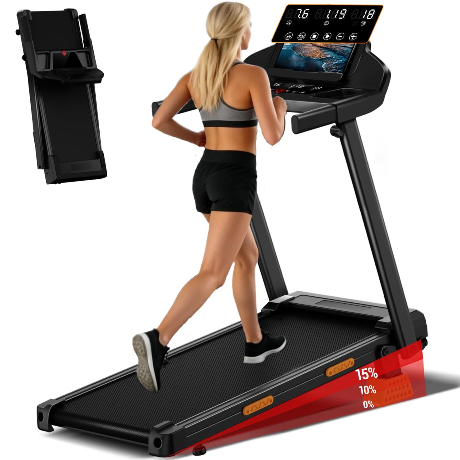 UMAY Tapis de Course Pliable,Tapis Roulant Electrique Pliable 3.0HP/2200W avec Moniteur de Fréquence Cardiaque