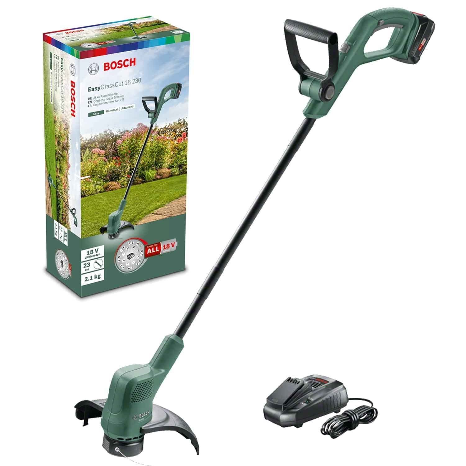 Bosch Home and Garden Tagliabordi a batteria EasyGrassCut 18v-230 (1 batteria 2,0 Ah, sistema a 18 Volt, diametro di taglio 23 cm, in scatola di cartone), Nuovo Design/Verde Classico