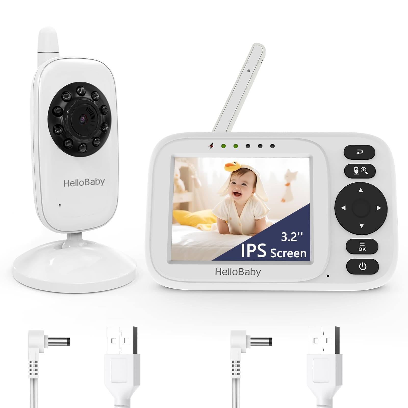 HelloBaby Monitor Bebé con Cámara 3.2" IPS, Sin WiFi, Visión Nocturna y Zoom 2X, Alcance 300m, Función Eco/VOX, Carga USB, Baby Monitor con 8 Idiomas