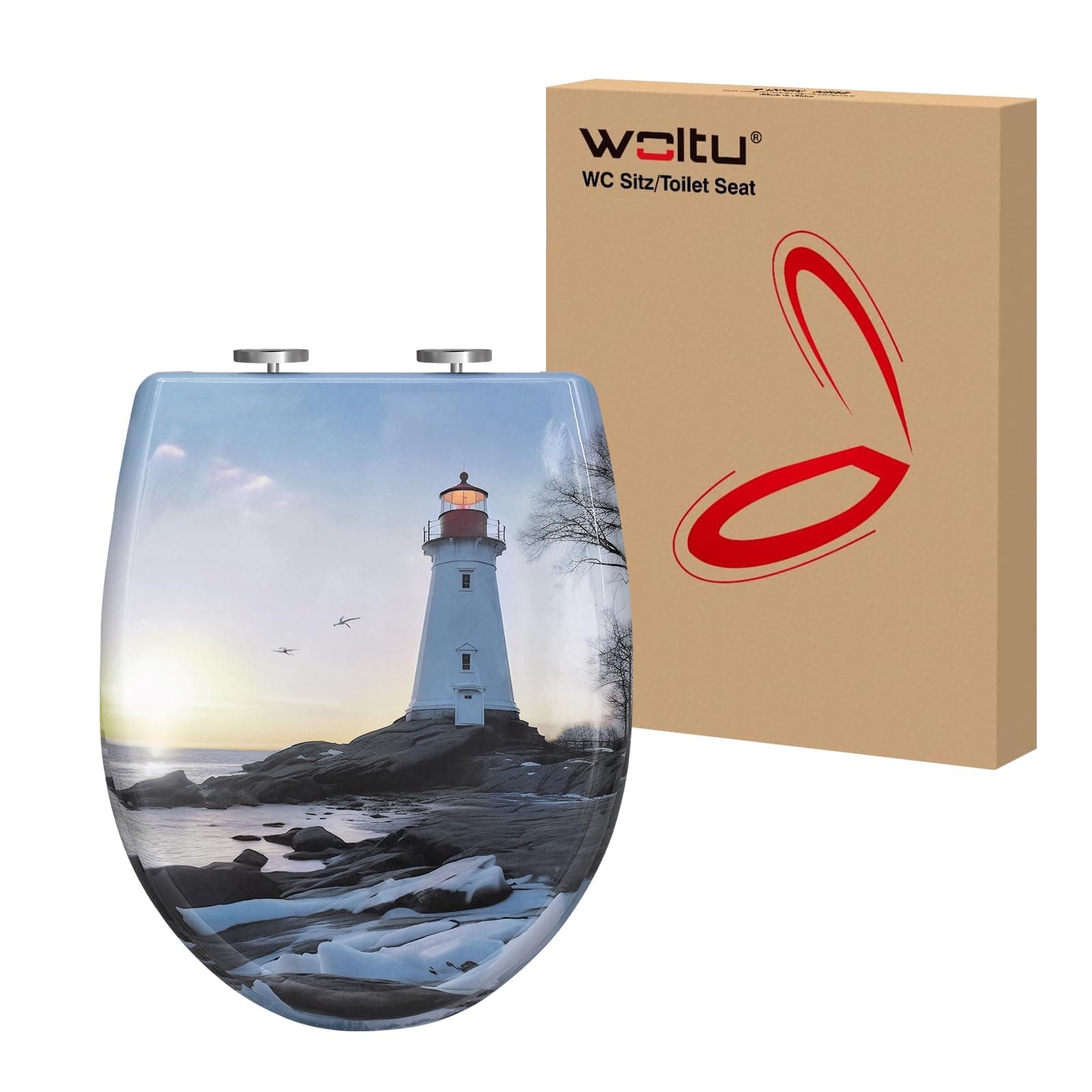 WOLTU Toilettendeckel, WC Sitz mit Absenkautomatik, Klodeckel Quick-Release-Funktion, O-Form-Toilettensitz mit Motiv, Montage oben unten, Duroplast