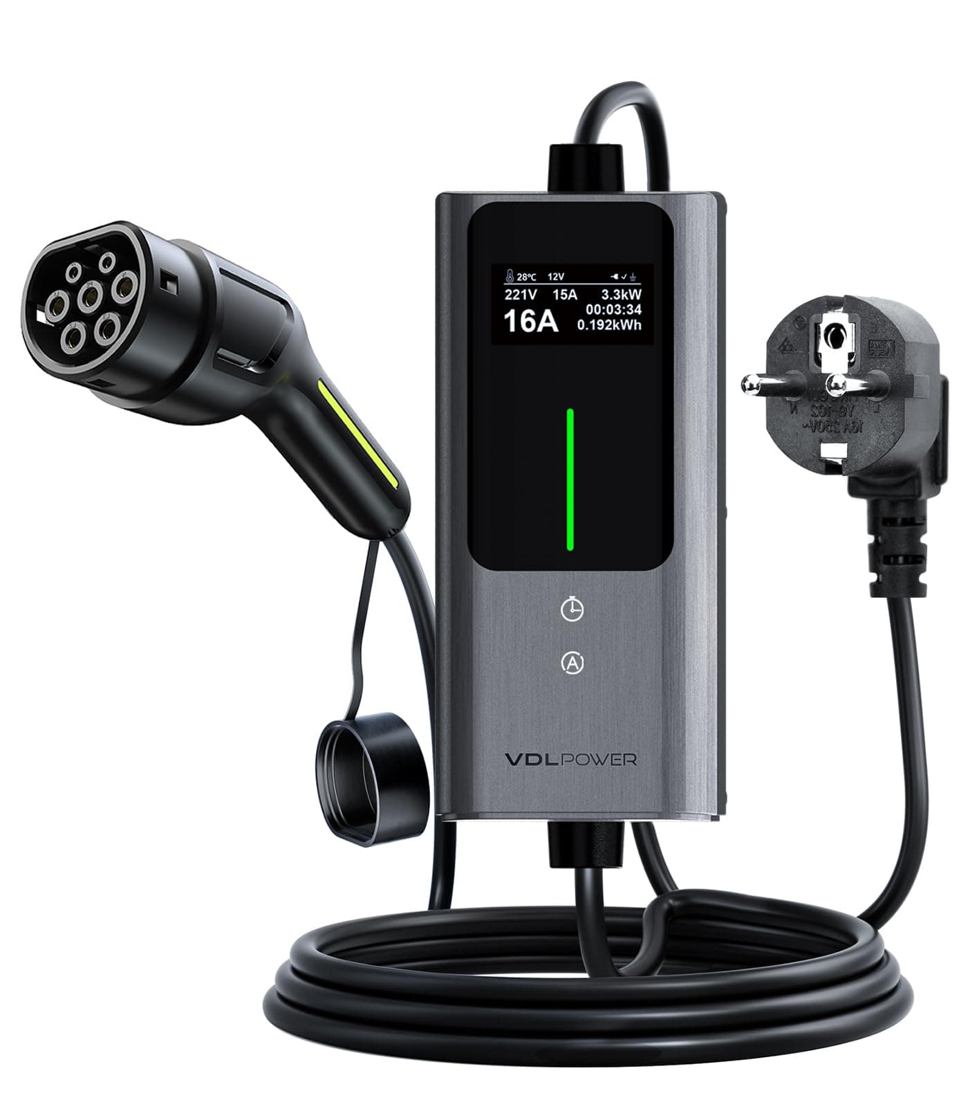 VDLPOWERVP Chargeur Voiture Electrique, 3.6KW EV Chargeur Type 2, Courant réglable 6/8/10/13/16A, 5M Cable Recharge Véhicule Electrique avec EU Schuko, Borne de Recharge Monophasé IP65 (3.68KW-5M)
