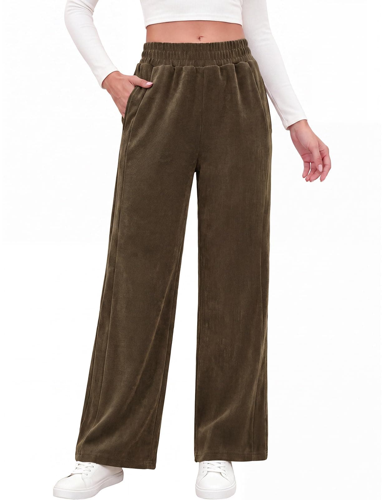 Fashora Pantalon Velours Côtelé Femme Pantalons Droit avec Poches | Pantalon Femme Taille Elastique, Pantalon Décontracté, Pantalons de Travail, Chic et Elegant, Pantalons Automne Hiver, Chaud