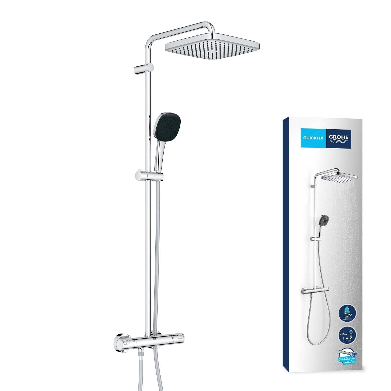 GROHE Vitalio Comfort 250 Colonna Doccia con Termostatico (soffione quadrato 25 cm, doccetta 2 getti, termostatico, risparmio idrico), Cromo, 26696001