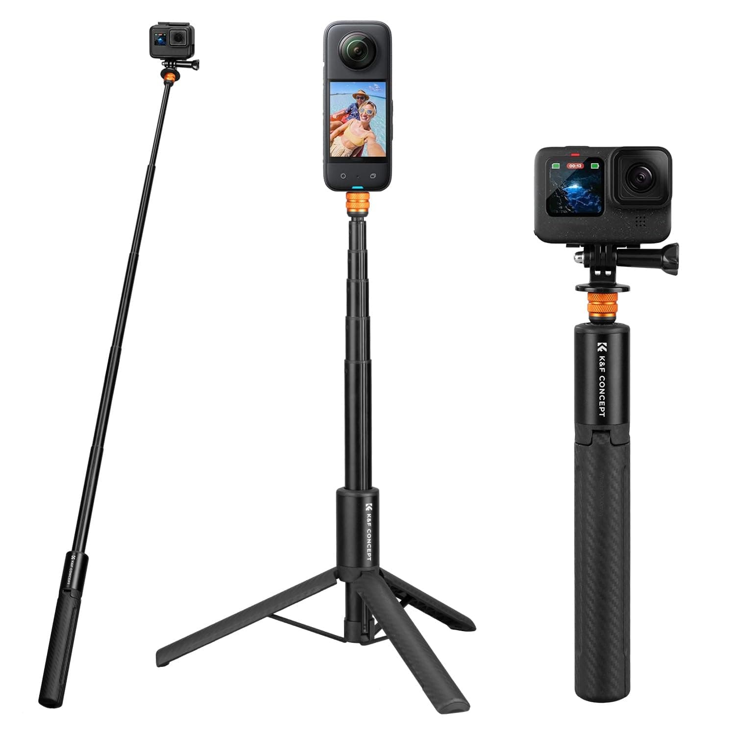 K&F CONCEPT MS21 Selfie Stick Stativ, Insta 360 Selfie Stick, Unsichtbarer Selfie-Stick mit Adapter,Ausziehbar Selfiestick für Insta 360 X5//X4/X3/Ace Pro/ONE X2, Osmo Pocket 3, Action Kamera Zubehör