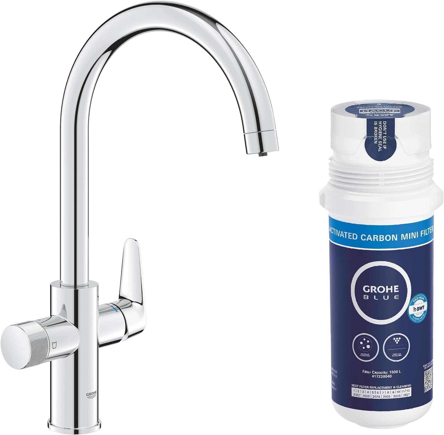 GROHE Blue Pure StartCurve Starter Kit con Rubinetto Filtro Acqua, Bocca C, Bocca Girevole 150°, Filtro Carboni Attivi, Canali Acqua Separati, Cromo, 30593000