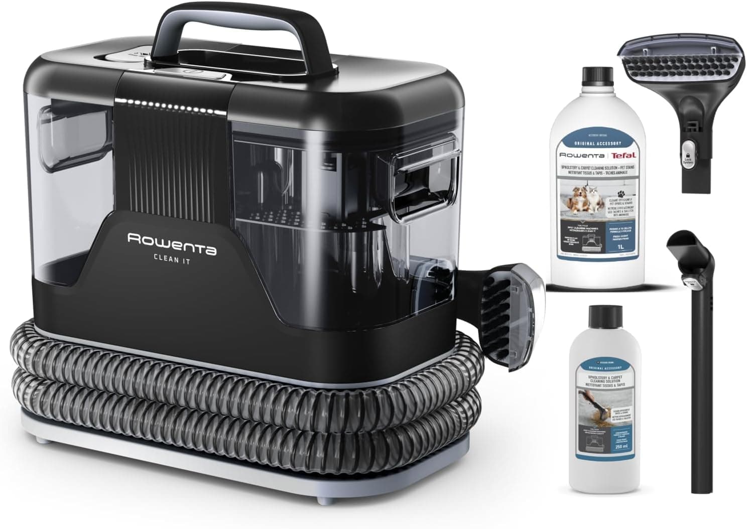 Rowenta Clean It, Aspirador de tapicerías + 2 botellas de limpieza (250ml para tapicerías + 1L para mascotas), Limpieza rápida de derrames y manchas, Potencia de 400 W, Compacto y portátil, IN5014OM