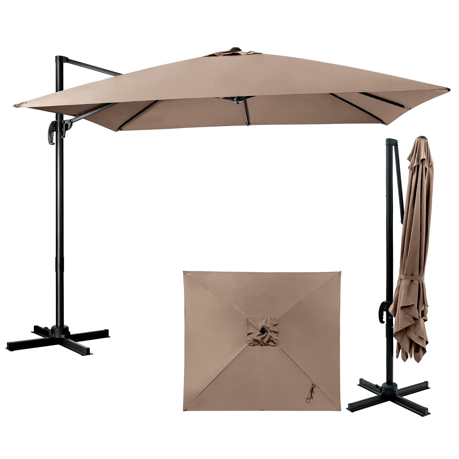 KOMFOTTEU Ombrellone da giardino, 300 cm, pieghevole e regolabile in altezza, da balcone, rettangolare, da spiaggia con base a croce, ombrellone stabile e di alta qualità, marrone, 300 x 300 cm