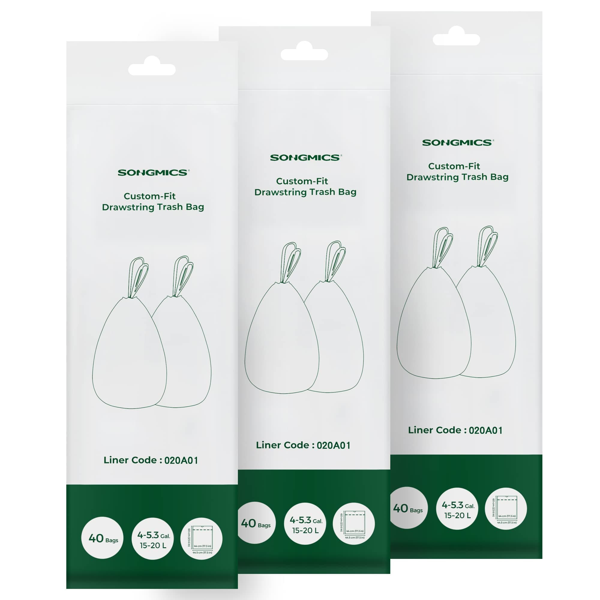 SONGMICS Müllbeutel mit Zugband, hochbelastbar, Müllsäcke für 15-20 Liter Mülleimer, bereits getrennt, Code 020A01, 3 Rollen, insgesamt 120 Stück, weiß KRB020A03