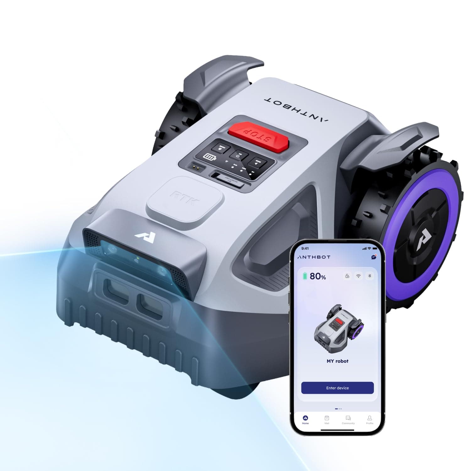 ANTHBOT M9 Robot Tondeuse sans Fil, NetRTK, 4G, 5000 mAh, Recommandé 1000 m², Maximum 1200 m², Pente de 24° (45%), Prend en Charge 2RTK Conçu pour Les Jardins Avant et Arrière