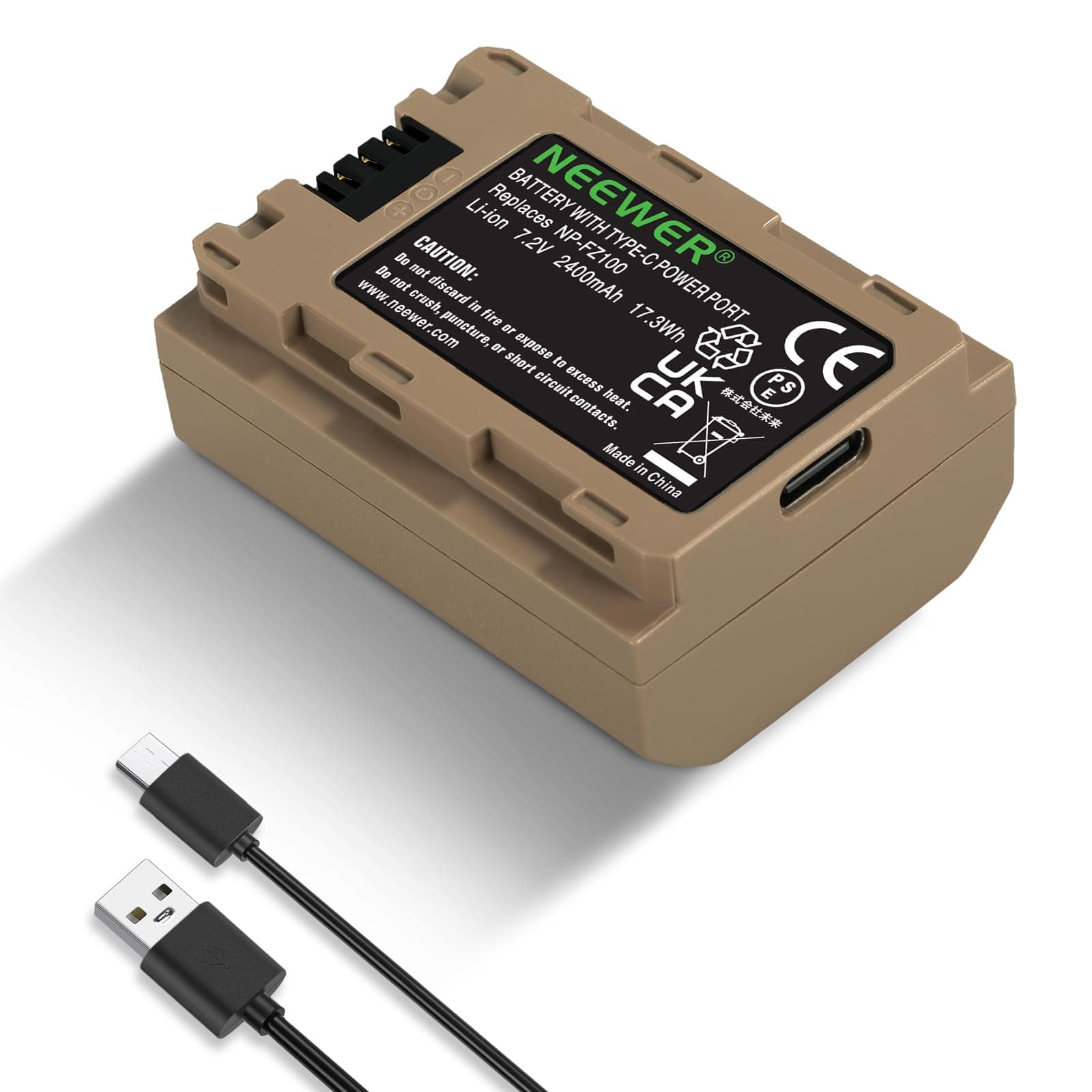 Neewer NP-FZ100 2400mAh Akku für Sony A7CII A7III ZV-E1, USB-C-Ladekabel, Kompatibel mit Sony A7CII ZV-E1 A7III A7IV FX3 FX30 A6700 A1 A7C A7CR A7RIV A7RV A7SIII A9II A9 Kameras
