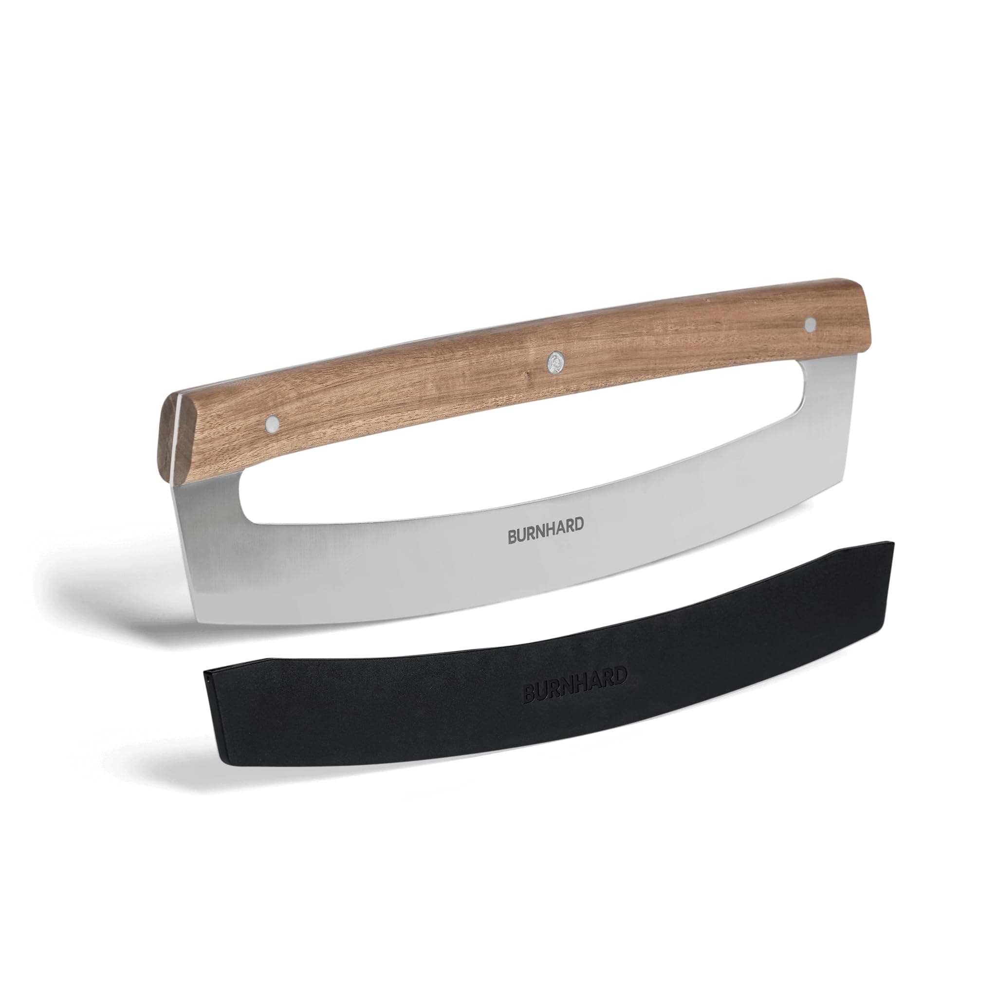 BURNHARD® Pizzaschneider aus Klingenstahl, Wiegemesser, 35,5 cm Klinge, Pizzamesser inkl. Klingenschutz, scharfer Pizza Cutter ohne Zerdrücken, Akazienholzgriff