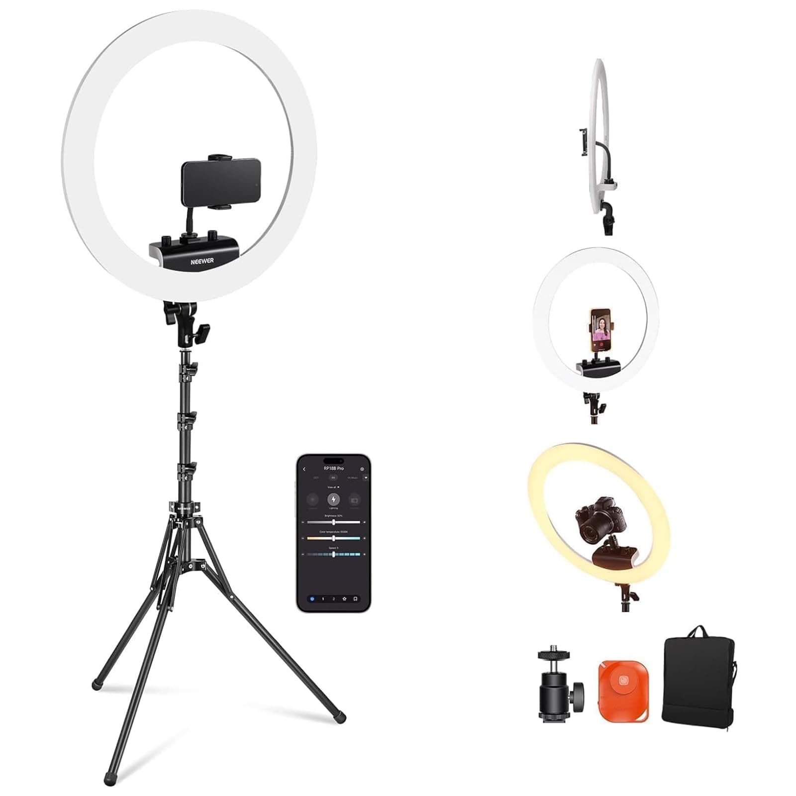 NEEWER 18" Ring Light Professionnel, Lumière Anneau Ultra Fin, 45 W 2900K-7000K TLCI98, avec Trépied, Obturateur à Distance et APP Contrôle, Éclairage Plus Doux pour TikTok Selfie, RP18B Pro Blanc