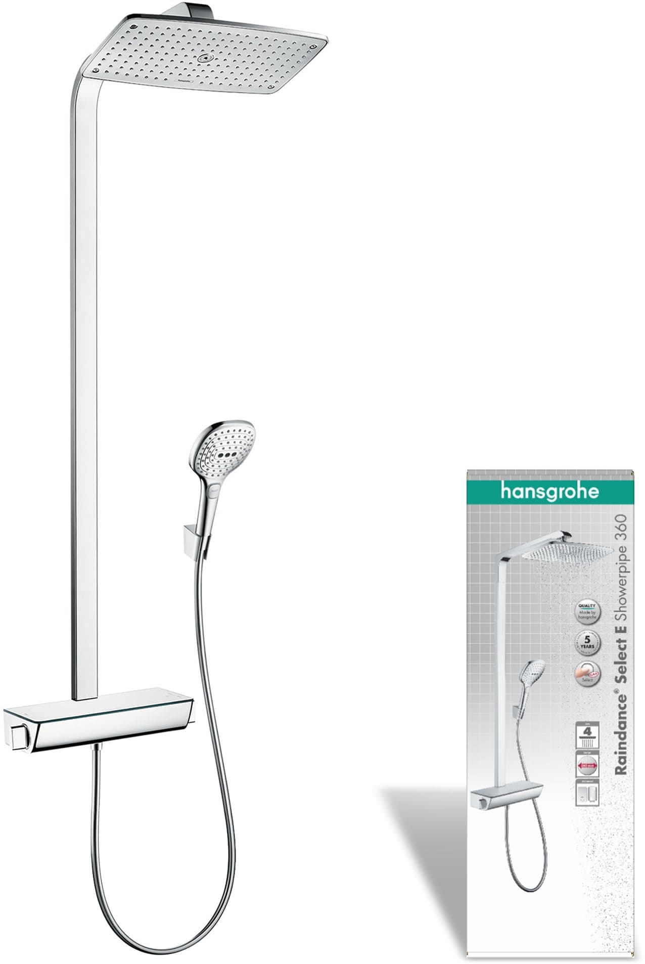 hansgrohe Raindance E - Colonne de douche avec mitigeur thermostatique, douche pluie (360 x 190mm) avec robinet, douchette, support, flexible de douche, barre et douche de tête carrée, Chromé,27112000