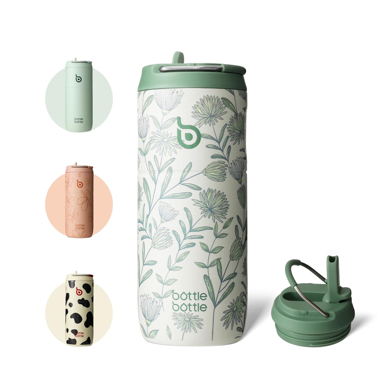 bottlebottle Gourde en acier inoxydable avec paille, 500 ml, sans BPA, couvercle anti-fuite, idéale pour l'école, le bureau, la randonnée et les excursions (Flourishing Flowers)