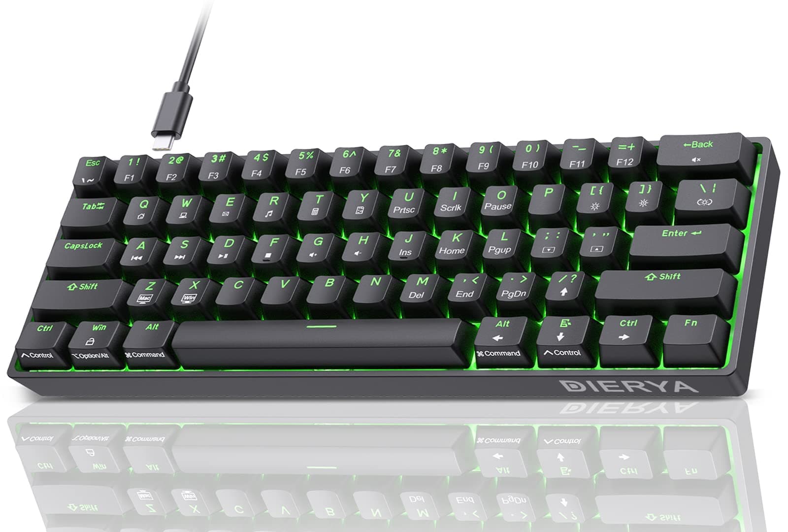 Dierya DK61se Teclado Mecánico Gaming Mini 60% Red Switch Mechanical Keyboard Retroiluminación Verde,Cable USB-Type C,Teclado Ultra-Compacto 61 Teclas Anti-Fantasma US Layout para PC/Windows