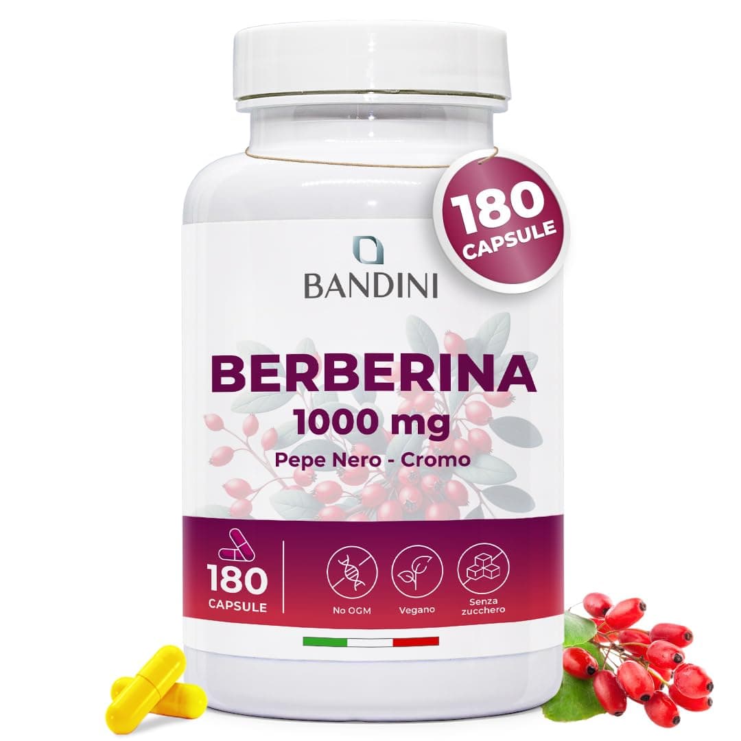 Bandini® Berberina 1000mg pura alto dosaggio | 180 capsule vegane - Berberin HCl da Berberis Aristata al 97% + Cromo e Pepe Nero | Massimo assorbimento - Funzione digestiva, epatica, intestinale