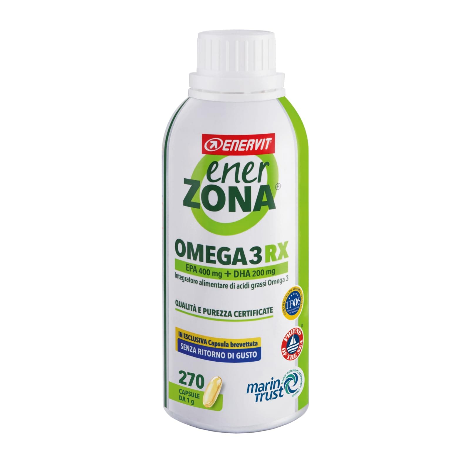 Enervit, Enerzona Omega 3 RX 270 Capsule da 1g Senza Ritorno di Gusto, Integratore Omega 3 IFOS, Acidi Grassi per Cuore, Vista e Cervello, Olio di Pesce 1000mg, Fish Oil Senza glutine