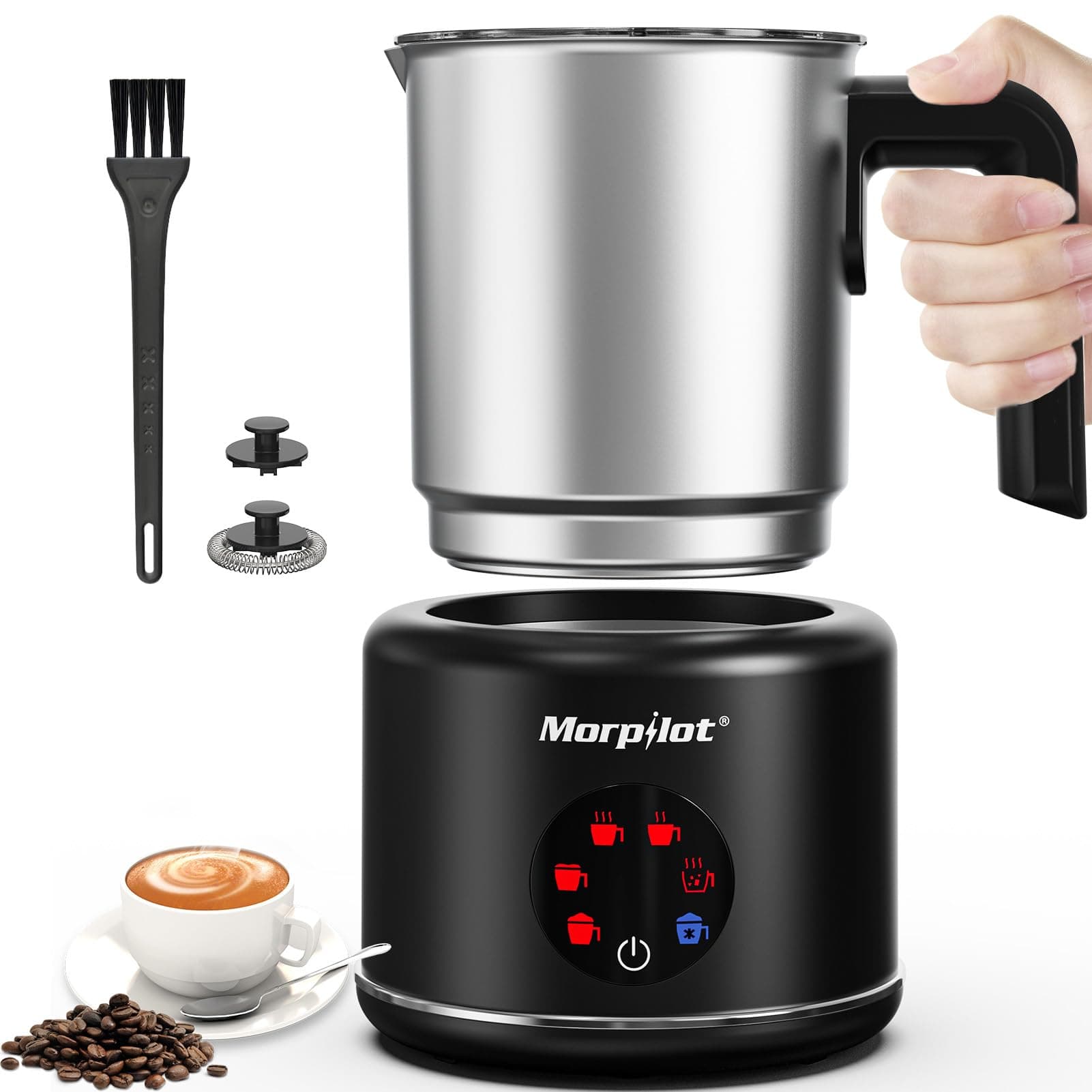 Morpilot Espumador de Leche Eléctrico 500ml, Calentador de Leche 6 en 1, para Espuma Caliente y Fría, Chocolate Caliente, Latte, Capuchino y Macchiato, Apto para Lavajillas, Acero Inoxidable, Negro
