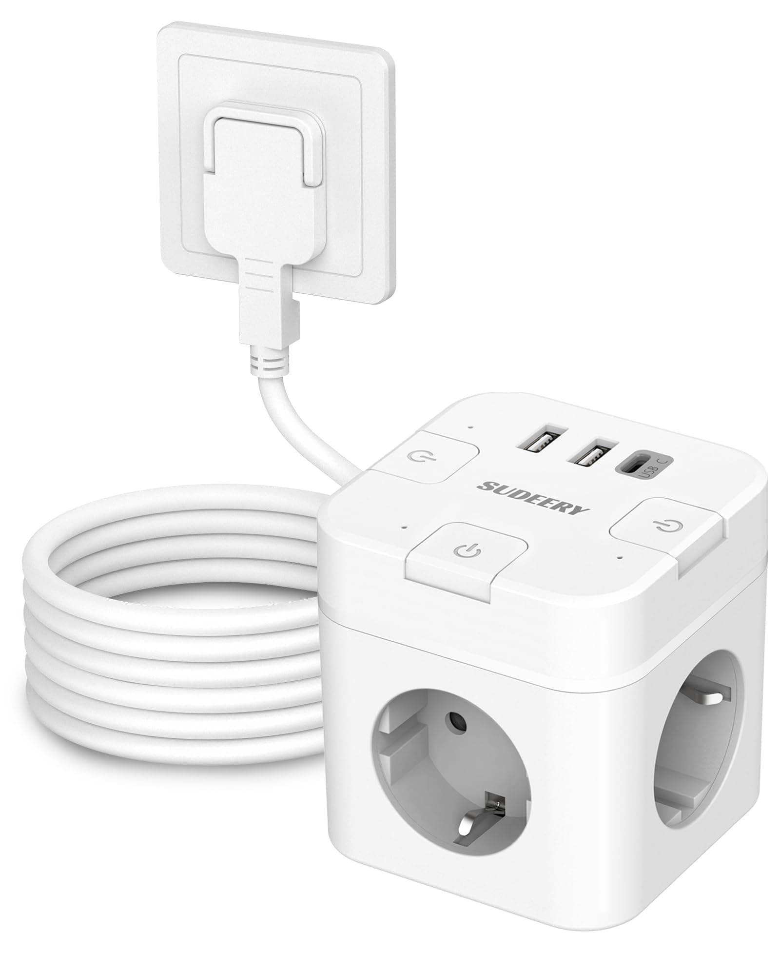 Cube multiprise 6 en 1 avec USB-C, 3 prises cubiques, commutable individuellement, avec câble de 4 m, pour bureau, maison, voyage, blanc