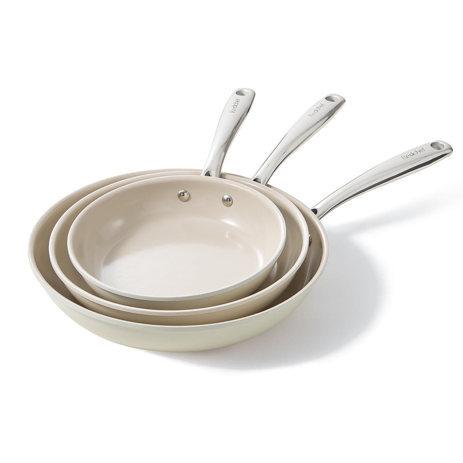 Redchef Set 3 Padelle Ceramica Antiaderente: 20/24/28 cm, Alluminio con Rivestimento Antiaderente, Adatta per Induzione e Tutti i Piani Cottura, Senza PTFE/PFAS/PFOA, Adatta al Forno, Beige