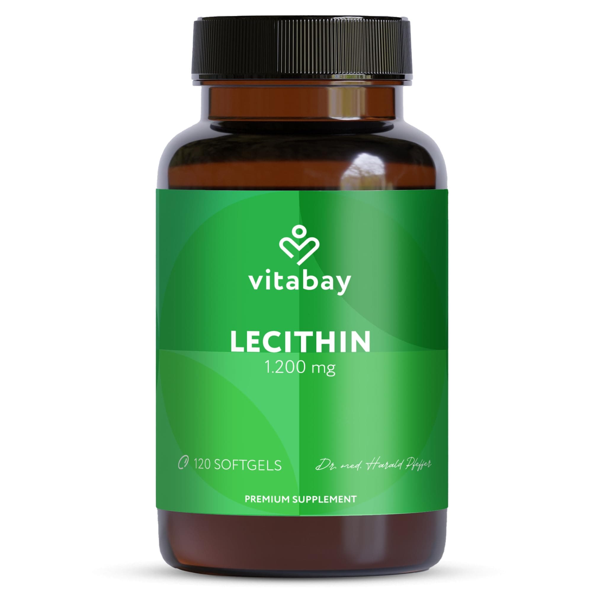 Vitabay Lecithin 1.200mg hochdosiert – 120 vegane Softgels – Phosphatidylcholin aus Soja mit Vitamin E – Ohne Gluten, Laktose & Gentechnik – Laborgeprüft in Deutschland – 4 Monate Vorrat