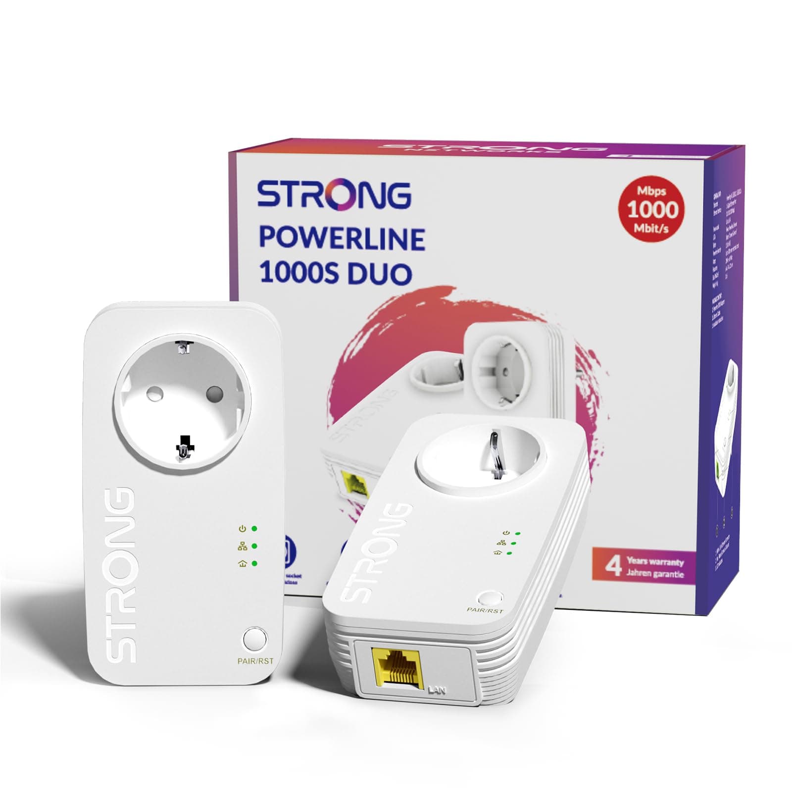 STRONG AV1000 Adaptador Powerline con Enchufe, Repetidor Ethernet PLC HomePlug AV2, Puertos Gigabit, Enchufe Integrado, Plug & Play, Modo de Ahorro de Energía, Internet por Red Electrica (PL1000S)