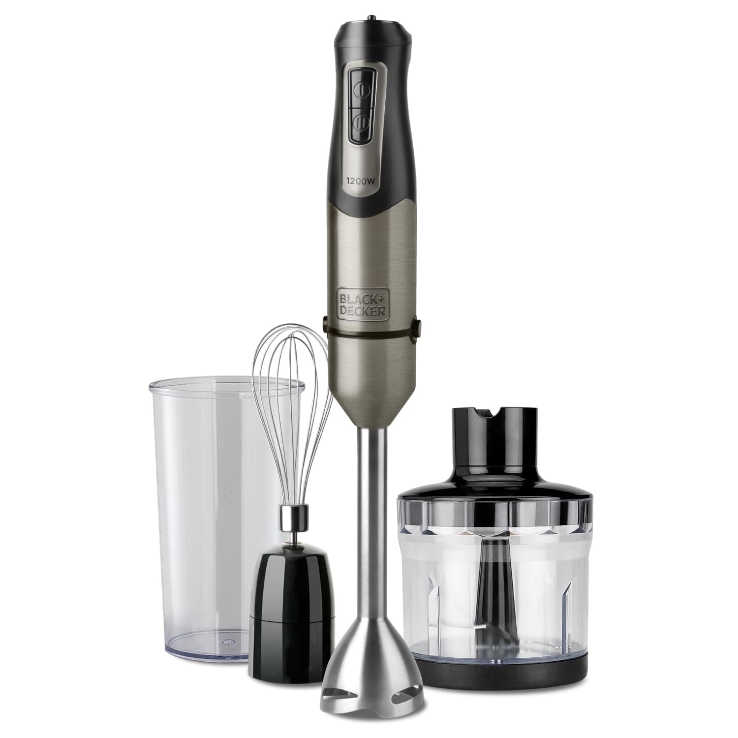 BLACK+DECKER - Frullatore a immersione 3 in 1 1200W | 20 velocità + Turbo | Lame in acciaio | Include: bicchiere graduato 250 ml, tritatutto 350 ml e frusta | Anti-spruzzo | Anti-impronte