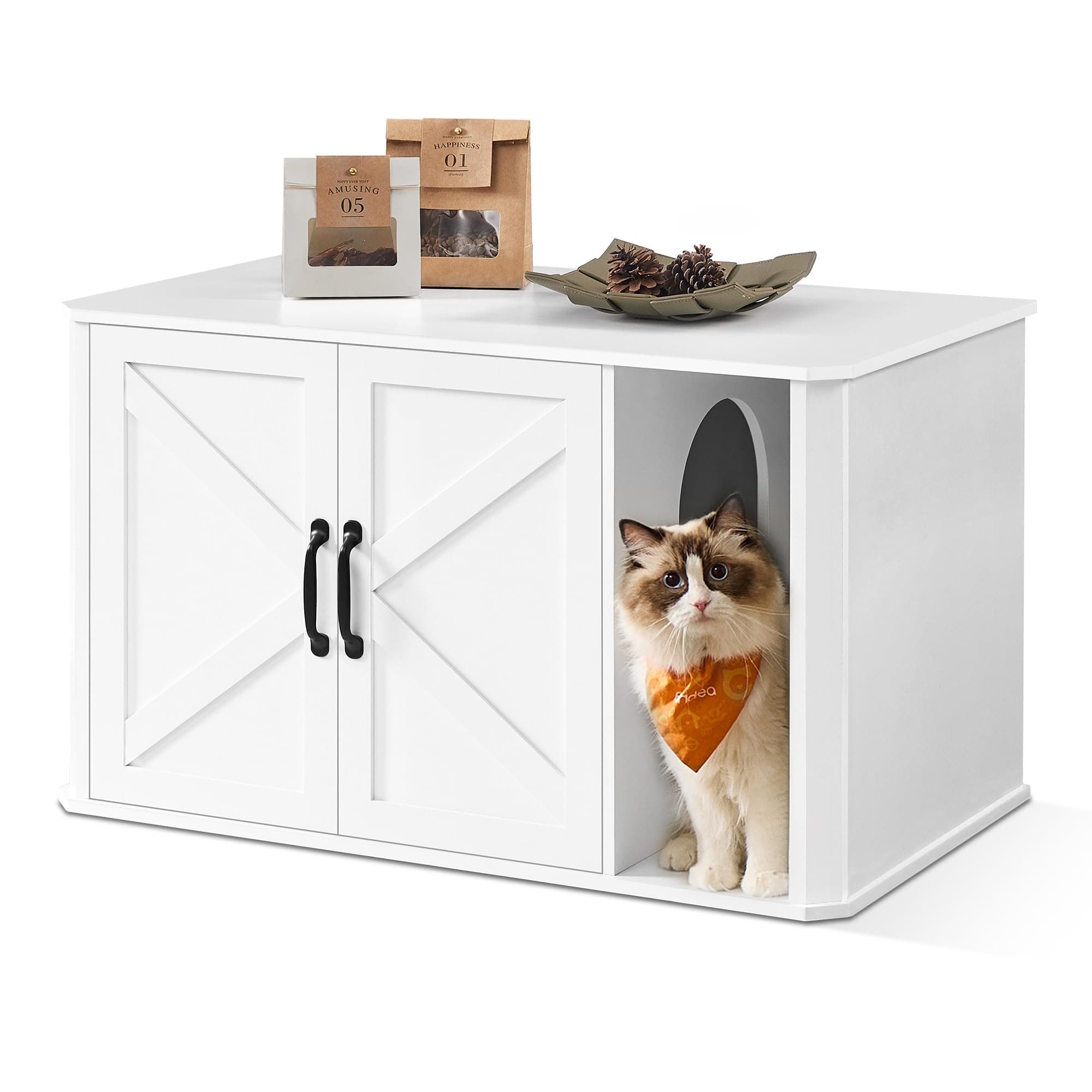 Feandrea Meuble Litière pour Chat, Meuble Moderne Cache-Litière, Entrée par Devant, Double Porte, Poignées, Maison pour Chat, Table d’Appoint, 85 x 48,5 x 50 cm, Blanc Nuage PCL012W01