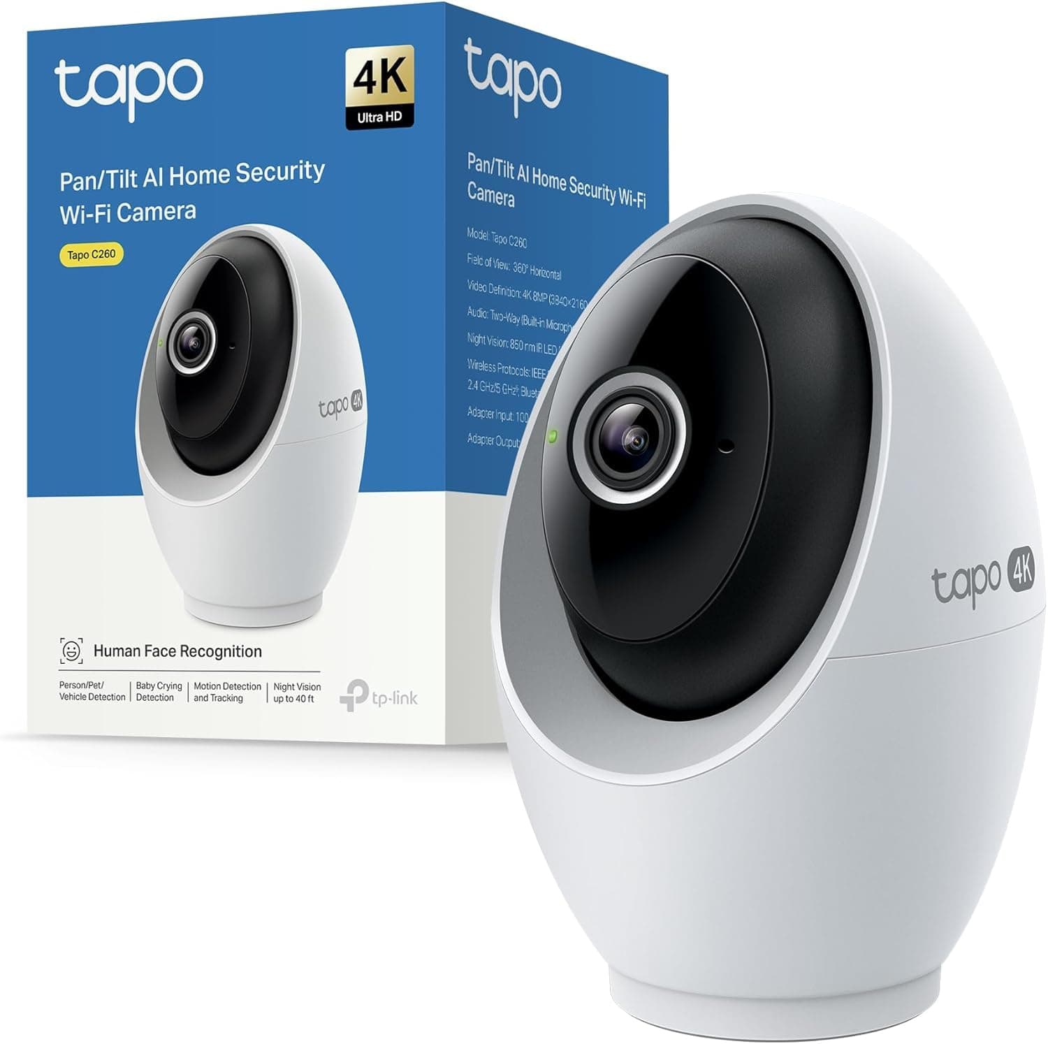 Tapo C260 4K 8MP Überwachungskamera Innen 360°, Lokale KI-Erkennung, Physischer Privatsphärenmodus, 18-Facher Digitalzoom, Bewegungsverfolgung, Zwei-Wege-Audio, MicroSD-Karte Bis zu 512 GB