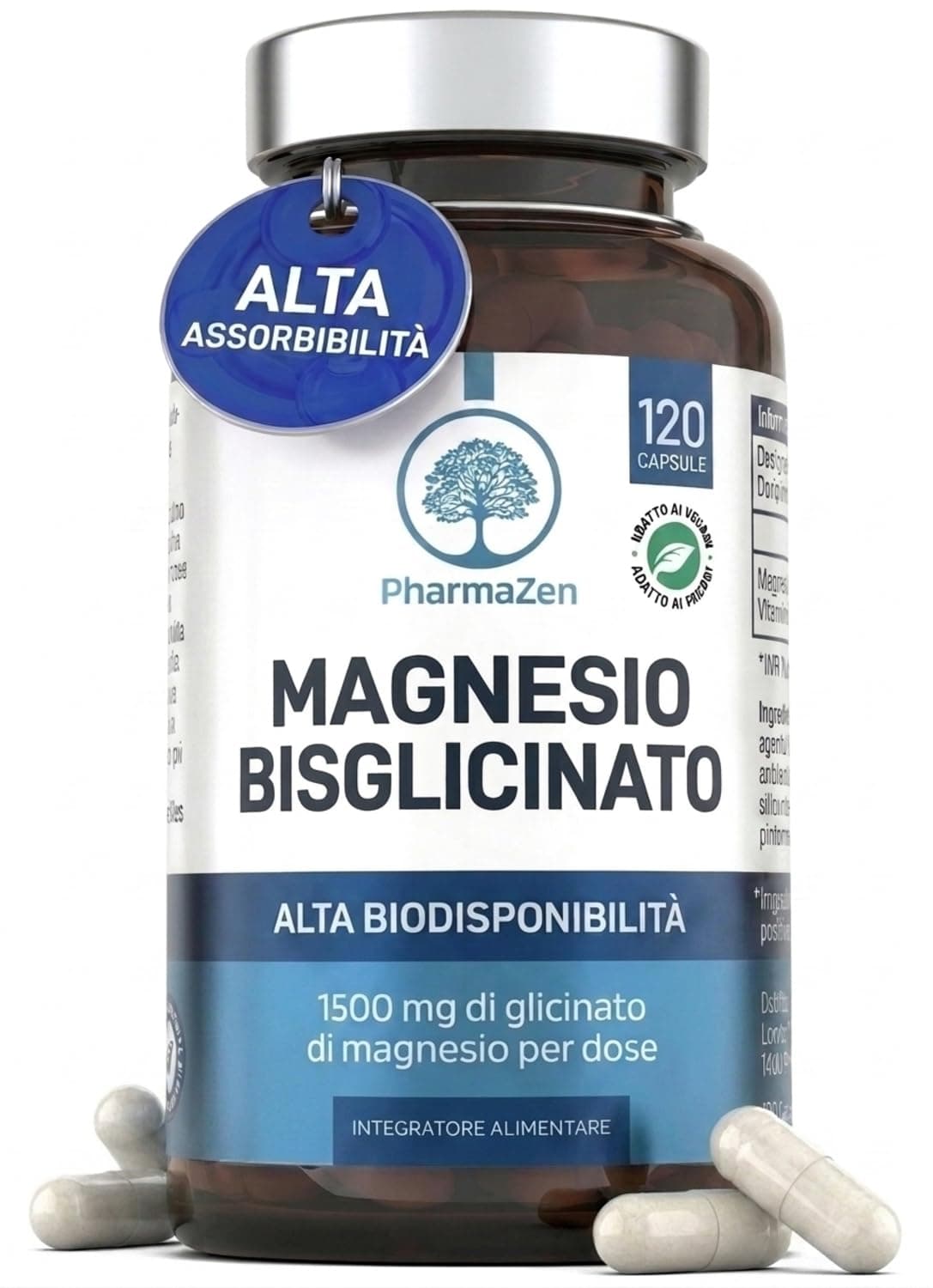 Magnesio Bisglicinato 1500 mg con Vitamina B6 – Supporta Sistema Nervoso, Stress e Stanchezza – Alto Dosaggio 300 mg di Magnesio Puro – 120 Capsule – Integratore Glicinato Chelato – Vegano – PharmaZen