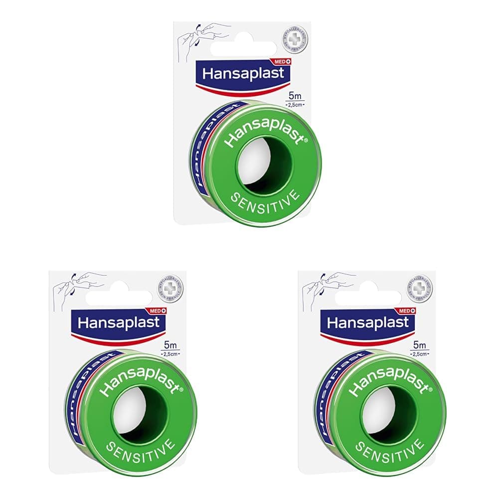 Hansaplast Fixierpflaster Sensitive (5 m x 2,5 cm), hypoallergenes Tapeband zur hautfreundlichen Fixierung von Wundverbänden, Heftpflaster Rolle mit starker Klebkraft (Packung mit 3)