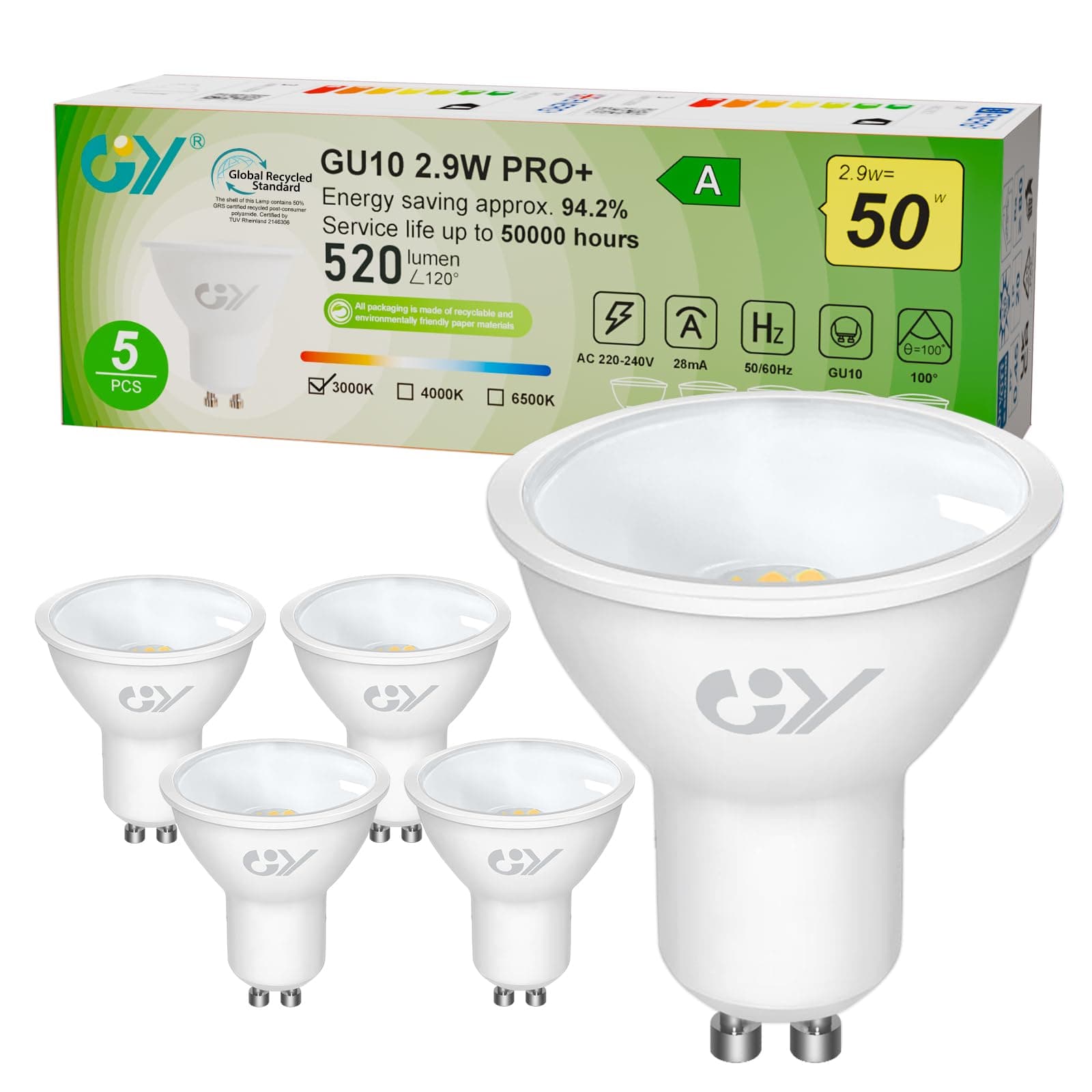 GY 2.9W Bombilla LED GU10 Clase A, 520LM (Eq. 50W) 3000K Blanco Cálido, No Regulable, No Parpadean, 100 Grados Ángulo de haz, Bombillas GU10 LED Bajo Consumo, 5 Pieza