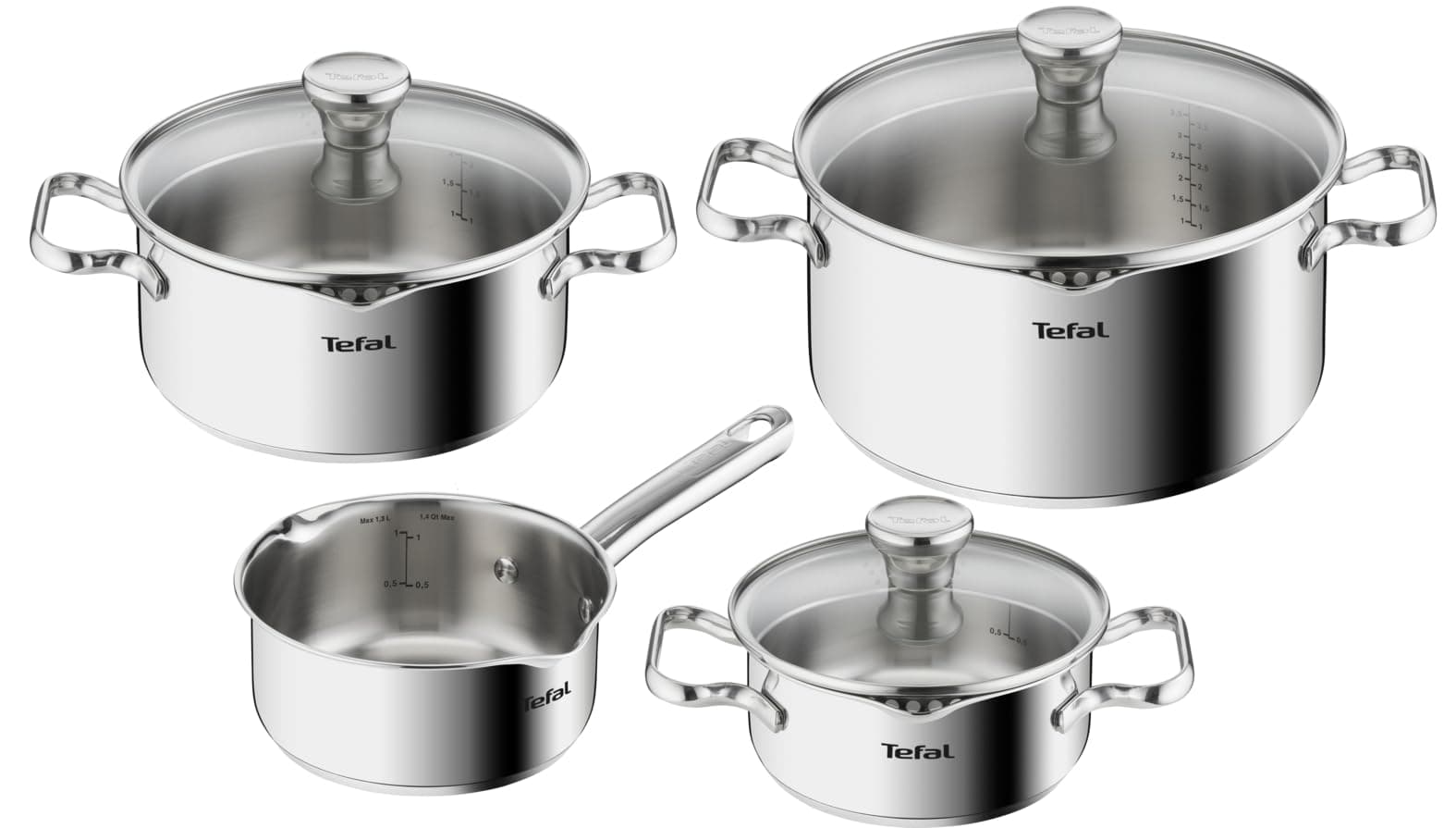 Tefal Batterie de Cuisine 7 pièces, Casserole 16 cm, Faitouts 16/20/24 cm + couvercles, Induction, Inox, Duetto A705A835