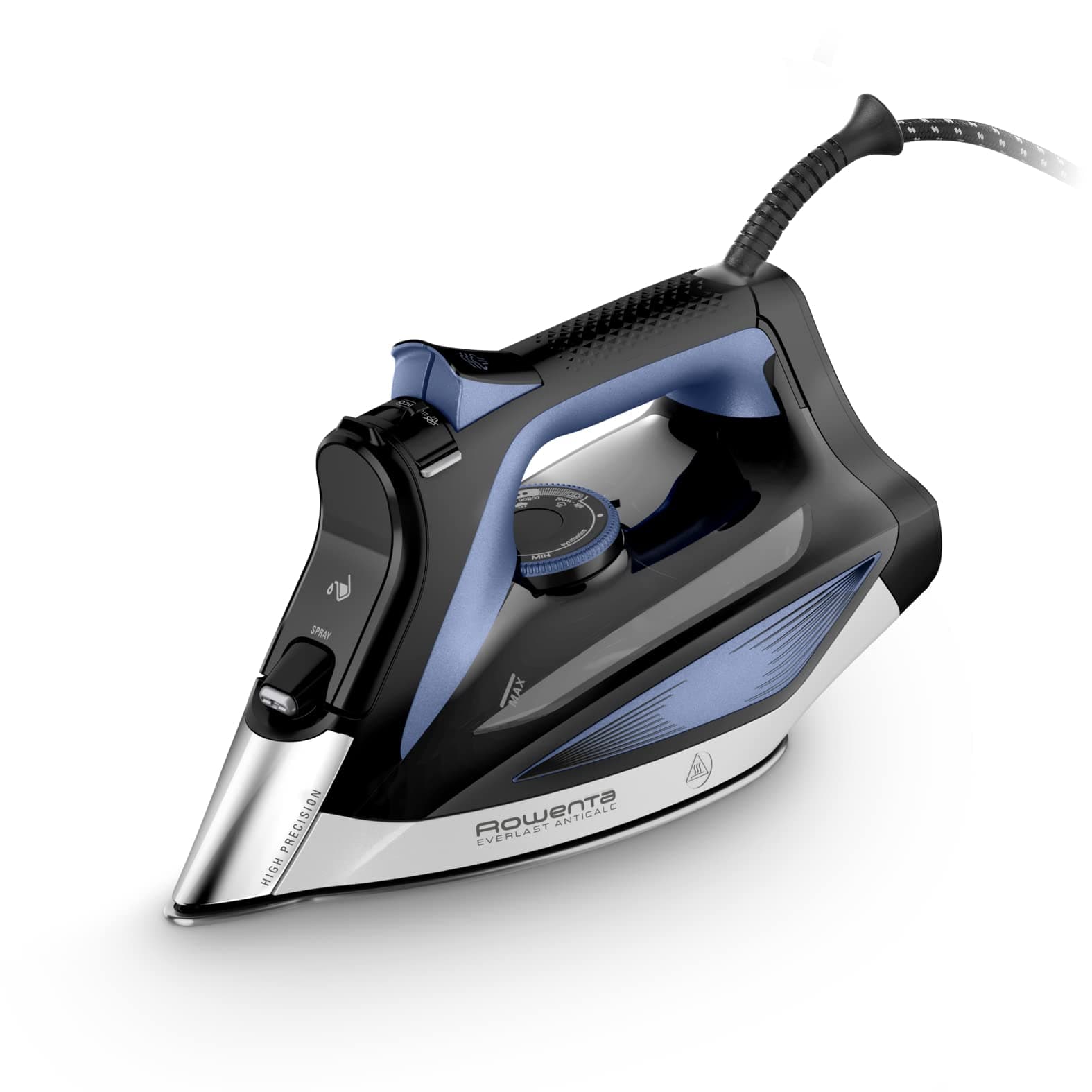 Rowenta Everlast Anticalc Ferro a Vapore, Nero/Blu, DW7320 | con Distribuzione del Vapore, Raccoglitore di Calcare, Punta Ad Alta Precisione, Sicurezza e Praticità, 2700W