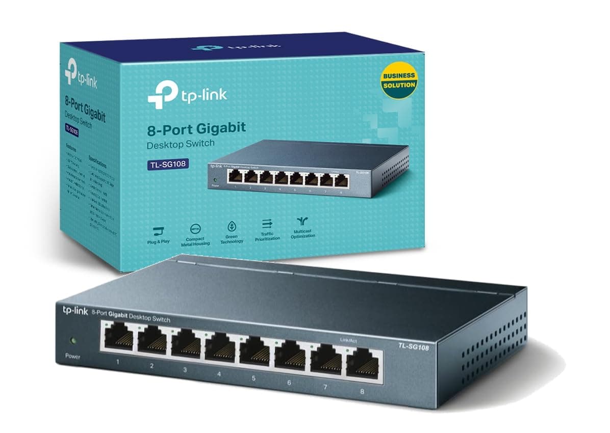 TP-Link TL-SG108 V3.0, Switch de Escritorio Red (10/100/1000 Mbps, Carcasa de Acero, IEEE 802.3 X, Auto-MDI/MDIX, Plug and Play, Ahorro de Energía, Puertos RJ45), 8 Puertos Gigabit, Color negro