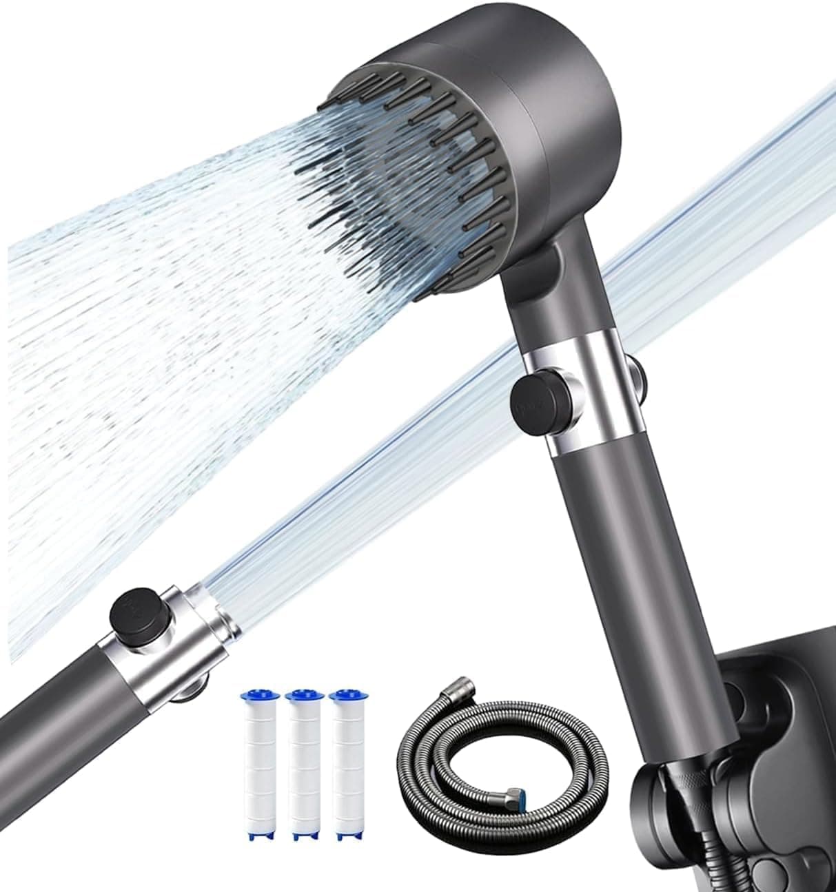 Pommeau de Duche Haute Pression, Pommeau de Douche Anti Calcaire avec 3+1 Modes de Jet,Pomme Duche Economie Deau avec Tuyau Douche 1.5M et Support, Salle de Bain Réglable Bouton D'arrêt D'eau,Gris