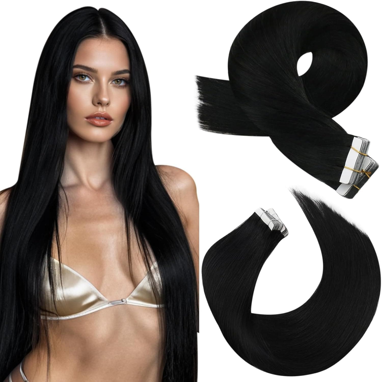 Moresoo Extensions Cheveux Adhésives 50 cm 50g Long – Cheveux Humains Remy #1 Noir de Jais – 20 Pièces, Ruban Invisible, Aspect Naturel, Fixation Durable