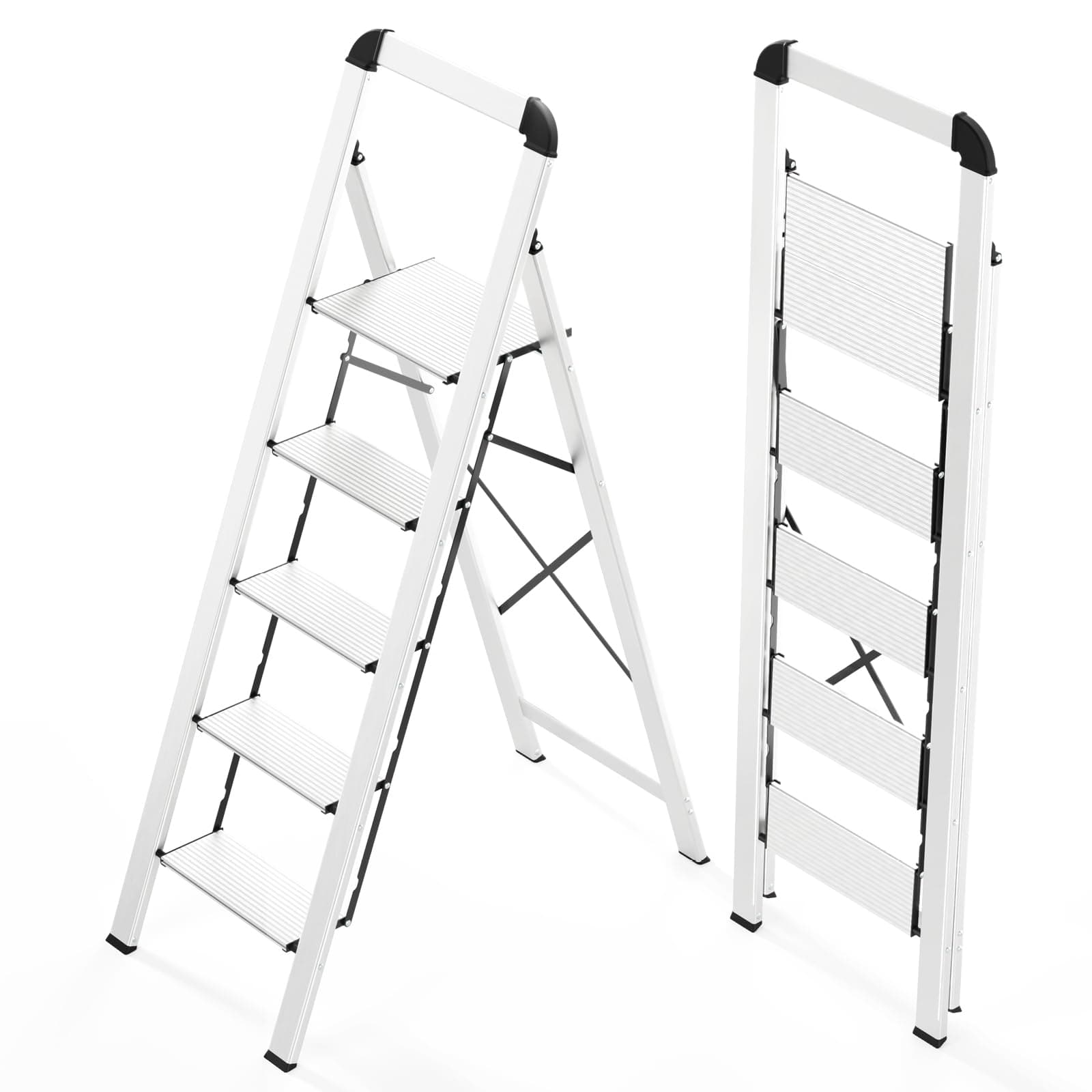 KINGRACK Scaletta 5 Gradini Pieghevole in Alluminio Leggera con Corrimano, Blocco di Sicurezza, Pedali Antiscivolo, Scala per Cucina Garage Casa, Salvaspazio Robusta e Portatile Massima 150kg, Argento