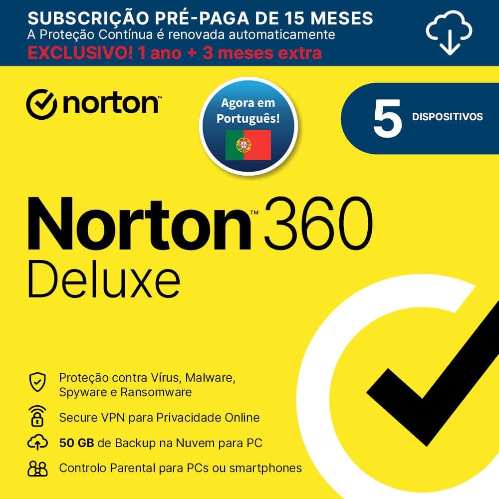 Norton 360 Deluxe 2025|Antivírus 5 Dispositivos| 15 meses com renovação automática| Descarga digital
