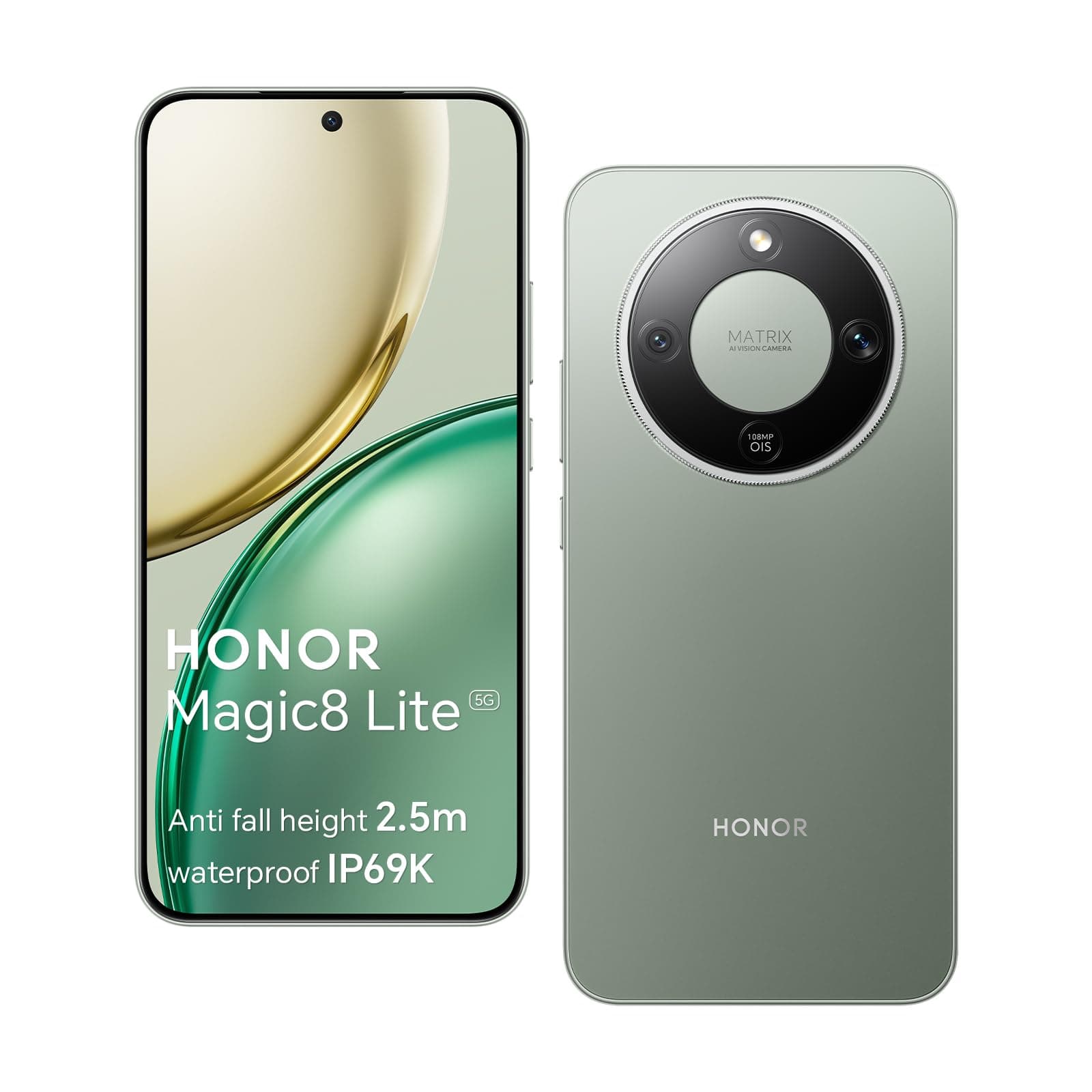 HONOR Magic8 Lite 5G Smartphone, Cámara con IA de 108 MP, Batería de 7330 mAh, 8 GB RAM y 256GB, 6,79" 120 Hz 6000 nits, Snapdragon 6 Gen 4, Resistencia a Caídas de 2,5M, IP69K IP68, Verde