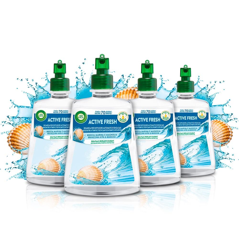Airwick Active Fresh Deodorante per Ambienti, Ricarica per Diffusore Spray Automatico senza Gas alla fragranza Brezza Marina e Magnolia, 228 ml (Confezione da 4)