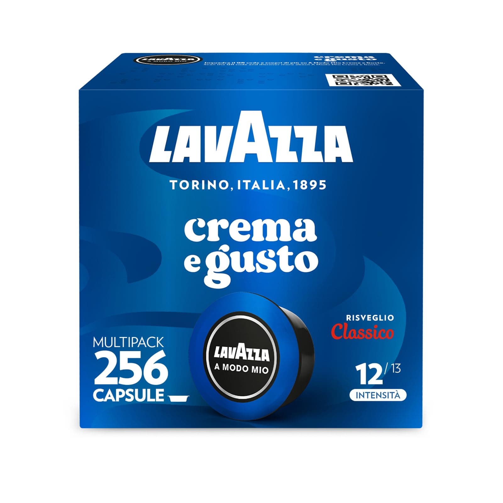 Lavazza, A Modo Mio Crema e Gusto Classico, 256 Capsule Caffè, per un Espresso con Note di Cioccolato e Frutta Secca, Arabica e Robusta, Intensità 12/13, Tostatura Media, 16 Confezioni da 16 Capsule