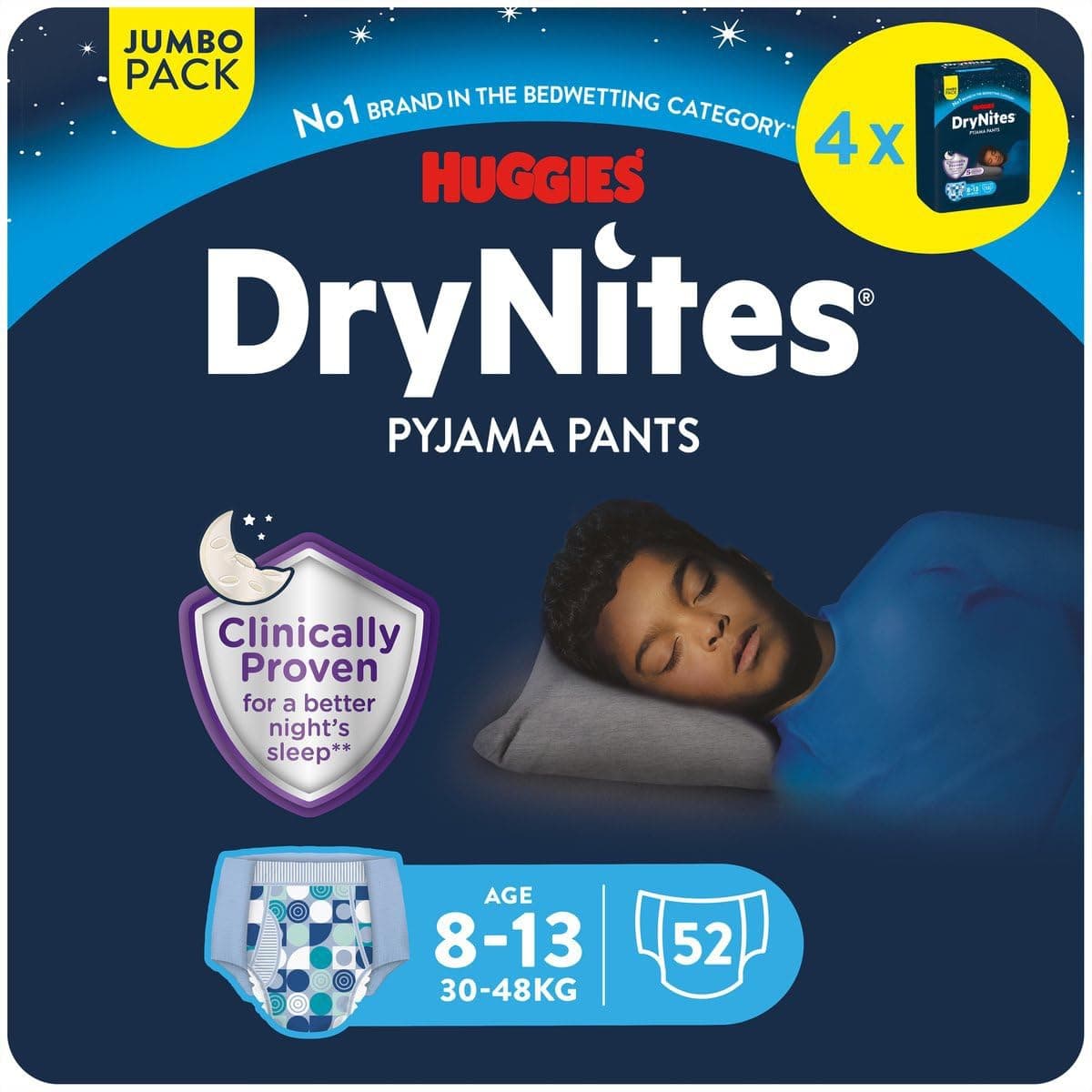 HUGGIES DryNites®, sous-vêtements de nuit ultra-absorbants, 8/13 ans Garçons (30-48 kg), 4x13 culottes ; la solution idéale, pour les enfants qui font pipi au lit, adapté à la morphologie des garçons