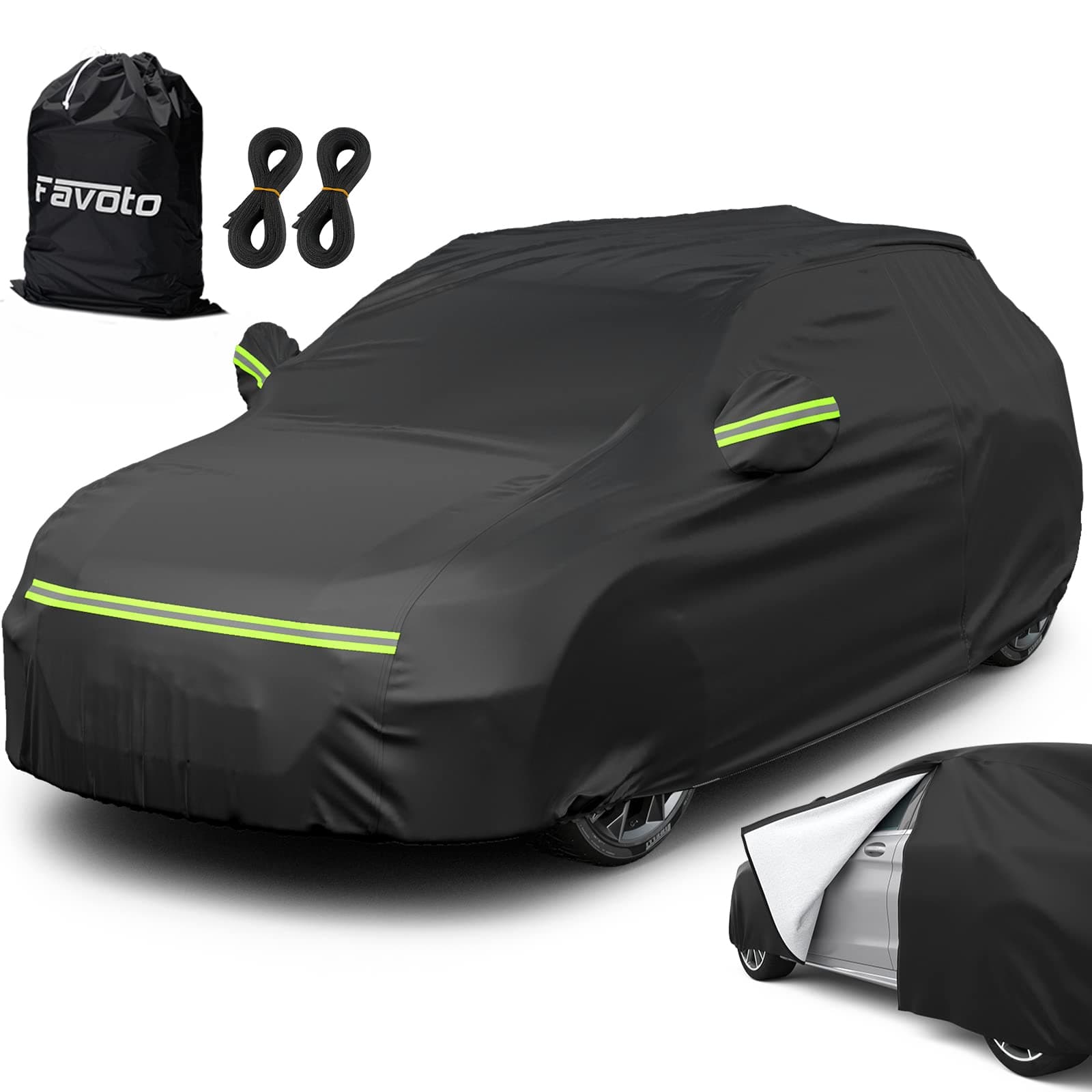 Favoto Telo Copriauto Felpato Invernale Impermeabile Telo per Auto da Esterno per Compact SUV, Realizzato in PEVA e Cotone con Zip Laterale, Anti Acqua Polvere Neve Sole Freddo, 460x180x170cm, Nero