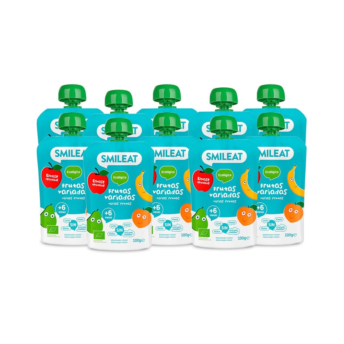 Smileat - Pack de 10 Pouch de Frutas Ecológicas - Sin Sal ni Azúcar Añadido, Sin Gluten - Snack Práctico para Peques - Sabor a Frutas Variadas