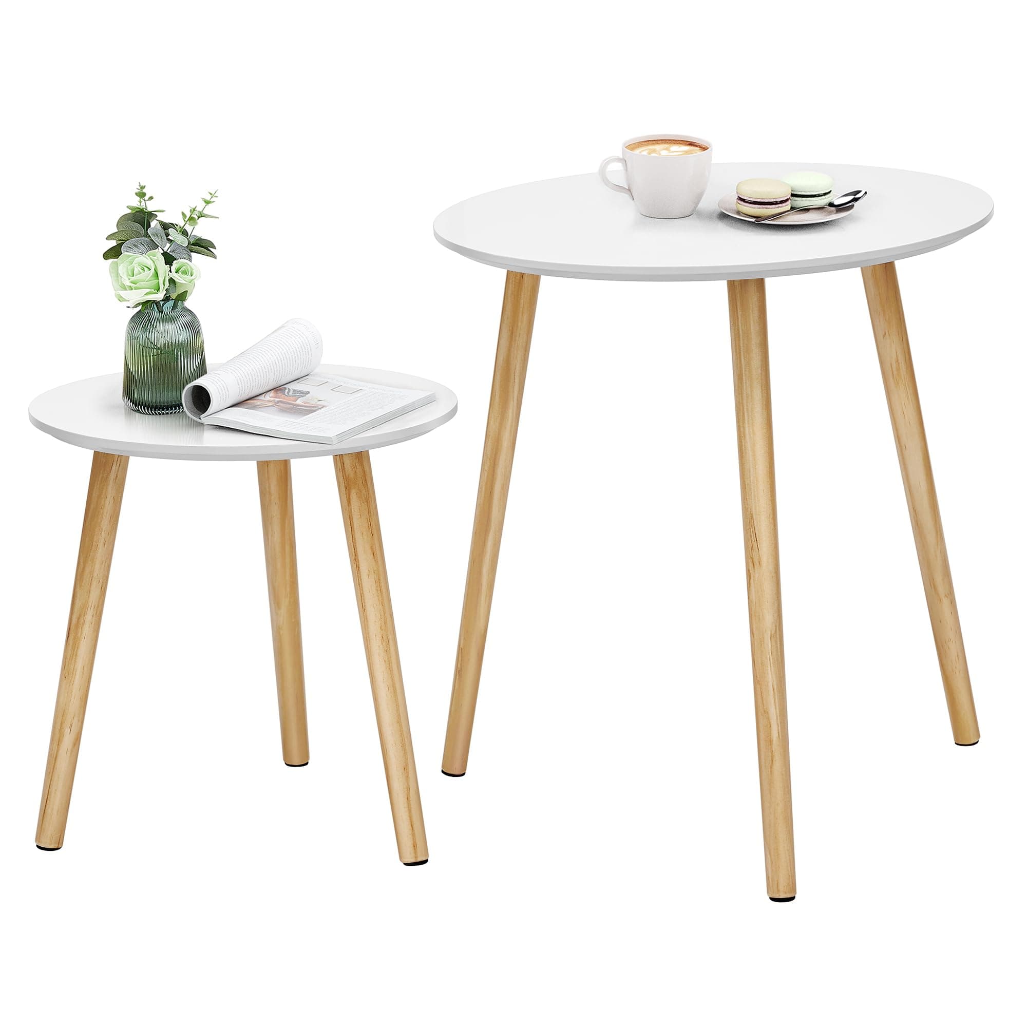 SONGMICS Beistelltisch-Set rund, 2 Moderne Sofatische, minimalistisch, skandinavischer Stil, Couchtische mit Beinen aus Massivholz, Tischkombination fürs Wohnzimmer, Balkon, Kiefernholz LET07WN