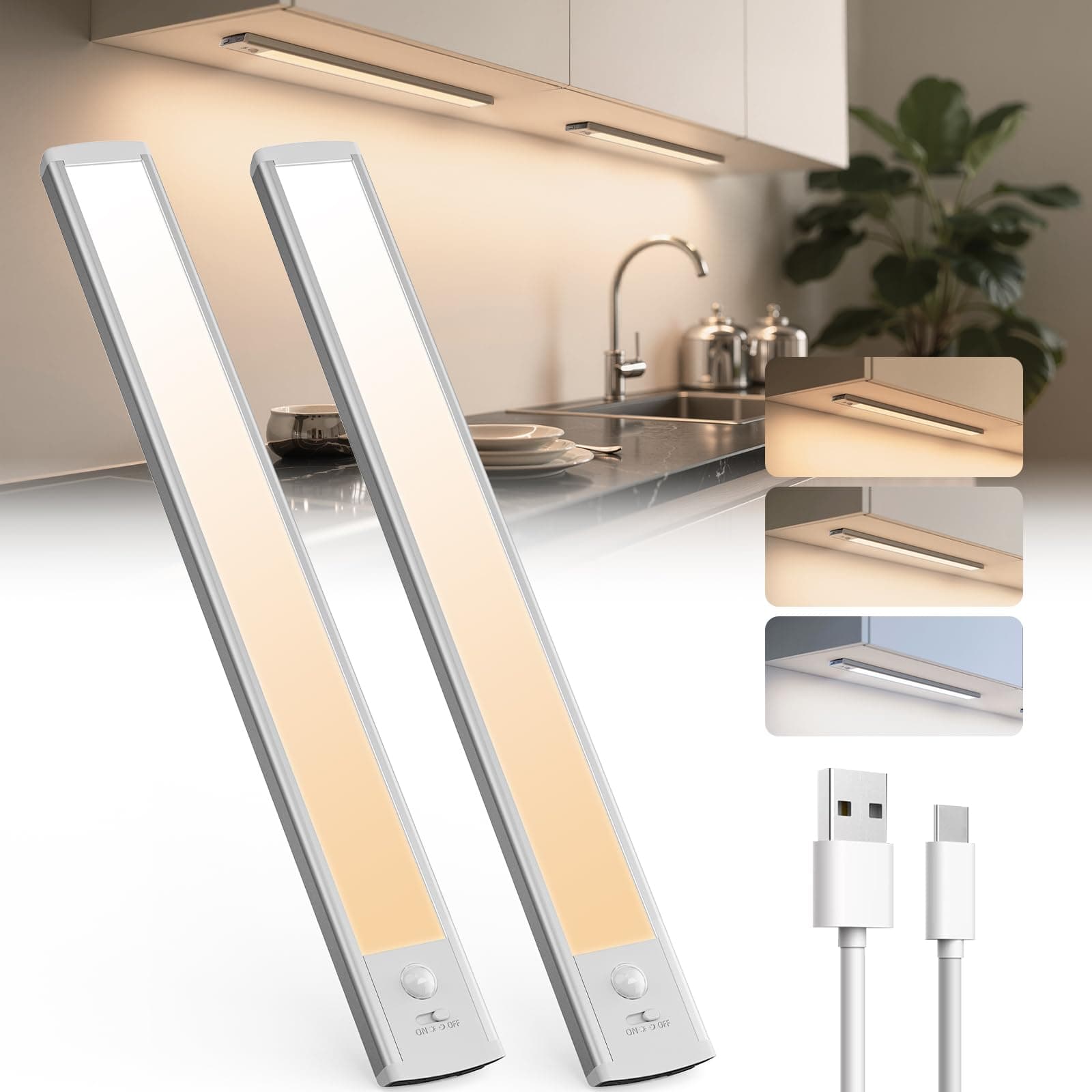 TANSOOL+ Luce LED Sottopensile Cucina, 3 Modalità di Colore Armadio LED con Sensore di Movimento, 40cm Luce Sottopensile Dimmerabile Lampada per Cucina, Guardaroba, Scale - 2 Pezzi