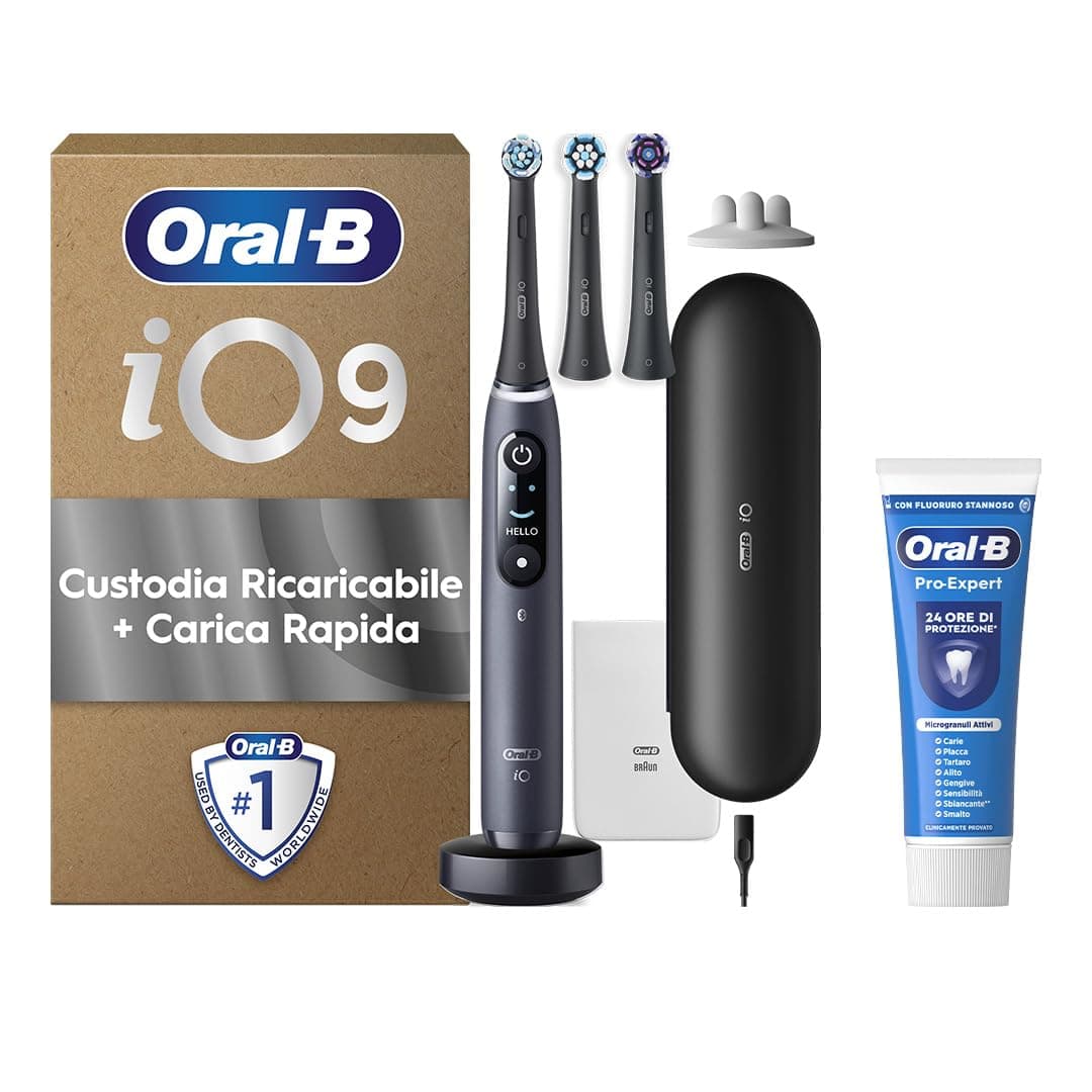 Oral-B Spazzolino Elettrico Ricaricabile iO 9 Nero, 1 Spazzolino Elettrico, 3 Testine Di Ricambio, Custodia Da Viaggio con caricatore + Dentifricio Oral-B Pro Expert, Pulizia Denti Efficace